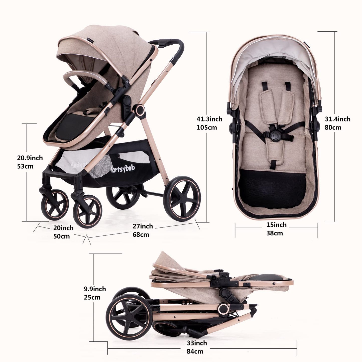 2-in-1 Baby Stroller with Bassinet Mode - Folding Infant Newborn Pram Stroller with Reversible Seat - Toddler Strollers for 0-36 Months Old Babies (Beige)