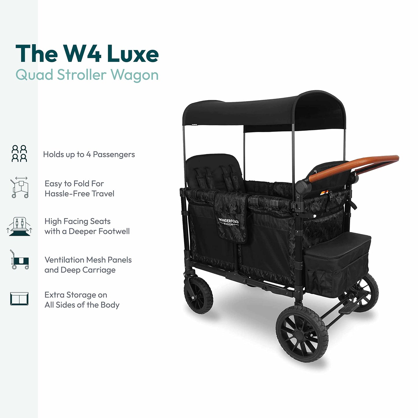 WONDERFOLD W4 Luxe Quad Stroller Wagon Featuring 4 High Face-to-Face Seats with Magnetic Buckle 5-Point Harnesses and Adjustable/Removable UV-Protection Canopy, Hunter Green