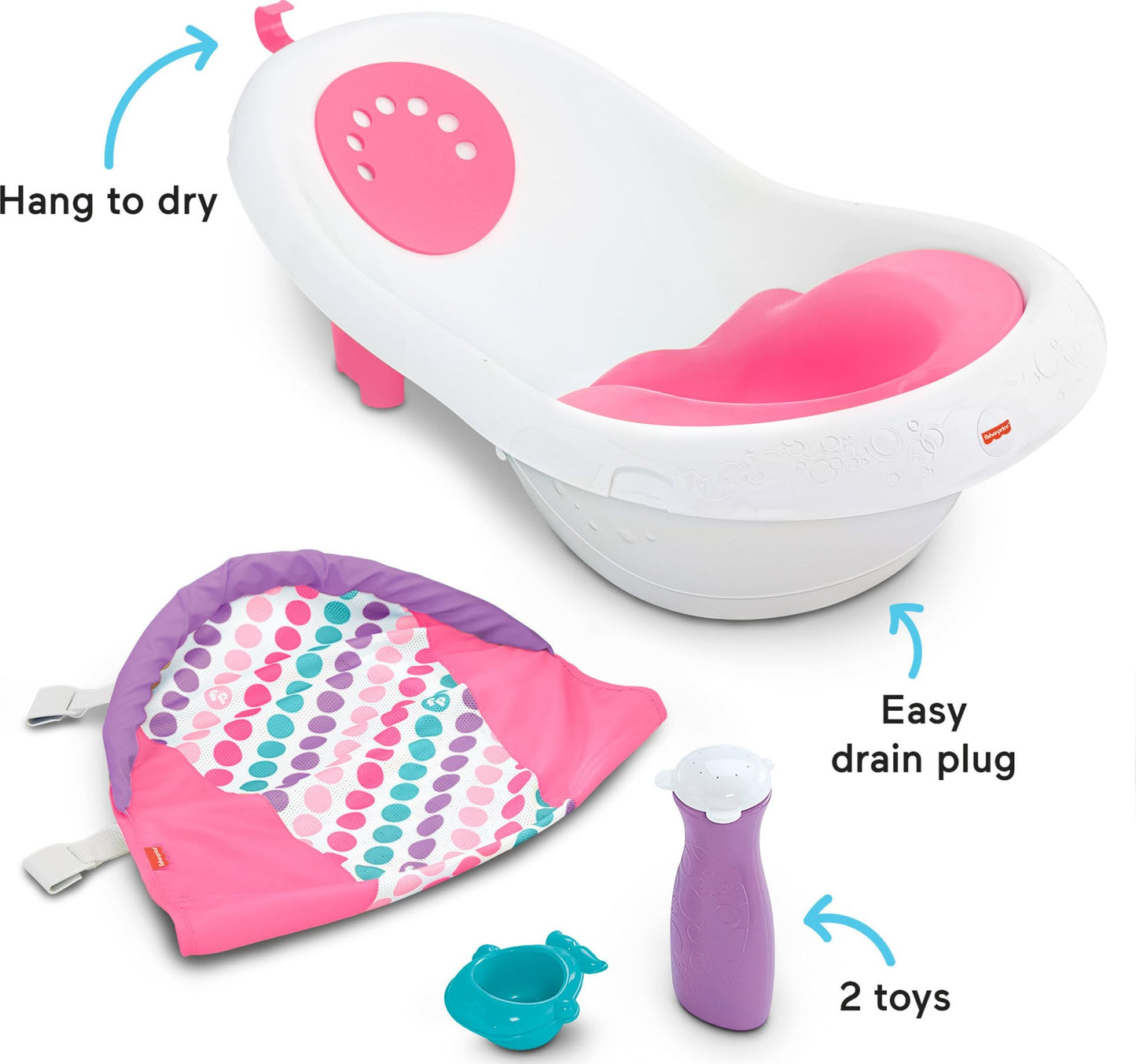 Fisher-Price Baby to Toddler Bath 4-in-1 Sling ‘n Seat Tub with Removable Infant Support and 2 Toys, Climbing Leaves