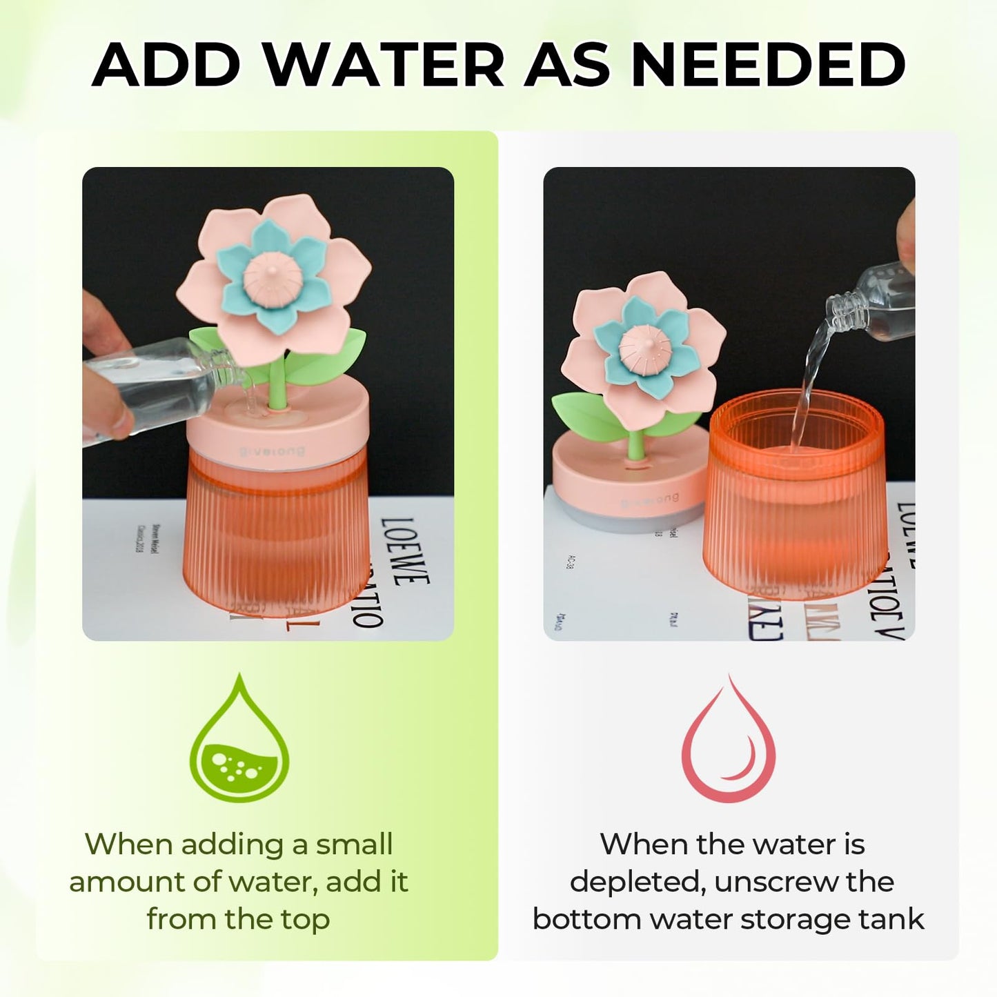 Cute Flower Mini Humidifier, 260ml Gardenia Desktop Humidifiers for Bedroom, Portable Small Cool Mist Humidification for Home, Baby Nursery, Office & Indoor Plants, USB Powered (Pink)