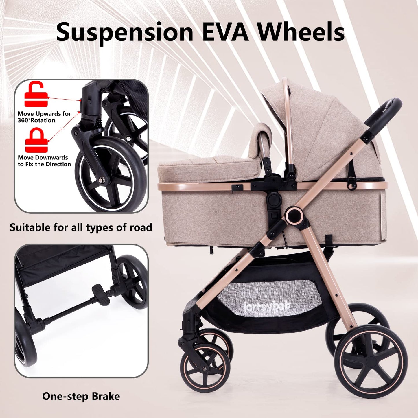 2-in-1 Baby Stroller with Bassinet Mode - Folding Infant Newborn Pram Stroller with Reversible Seat - Toddler Strollers for 0-36 Months Old Babies (Beige)
