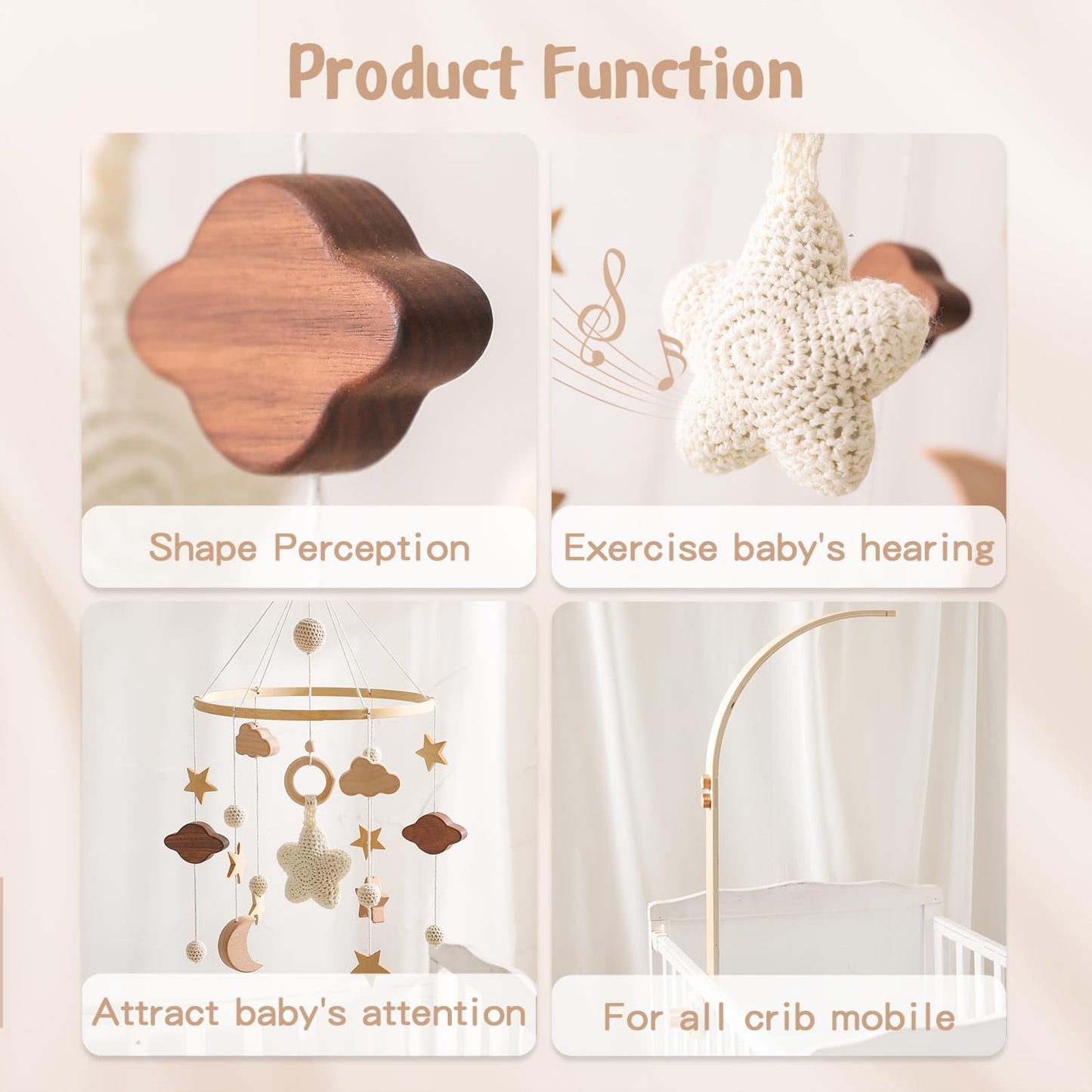 Baby Crib Mobile for Boys Girls| Boho Nursery Mobile| Gender Neutral Hand-Crocheted Mobile| Ceiling Mobile - Stars, Clouds, Moon