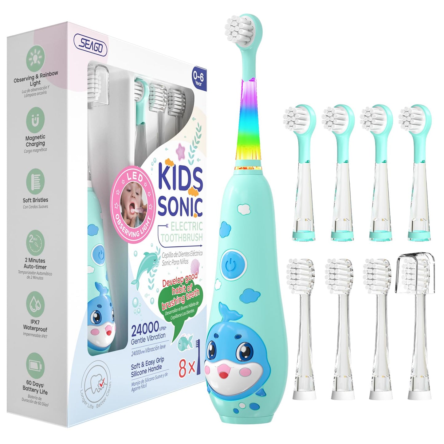 SEAGO Kids Electric Toothbrushes Rechargeable, Toddler Electric Toothbrush with Magnetic Charging, LED Observing Light, 8 Toothbrush Heads for Ages 2-4-6 Boys Girls (Pink)