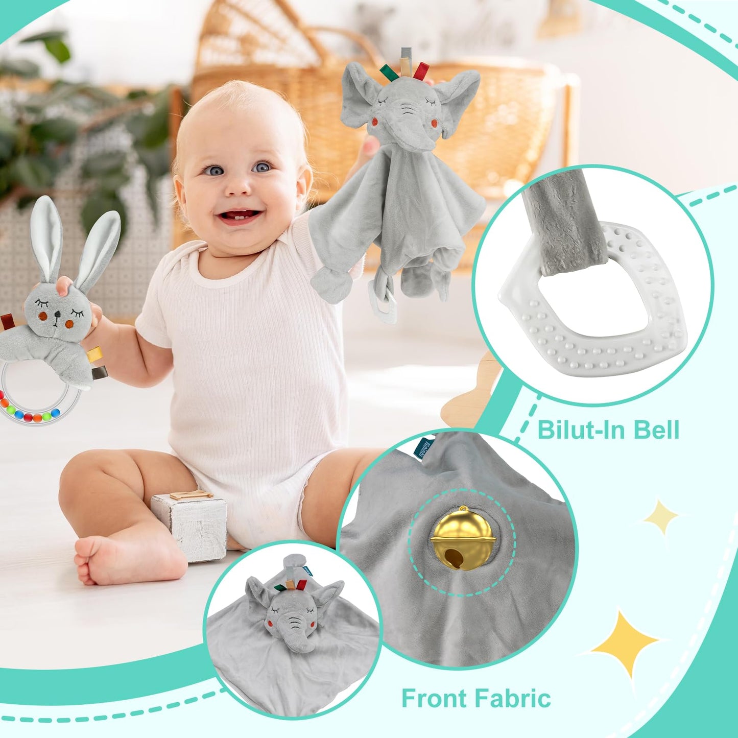Baby Gift Basket, Newborn Baby Boy Gift Basket, Multiple Pieces Newborn Essentials for New Baby Gifts Basket Set with Baby Blanket, Baby Bunny Rattle, Keepsake Milestone, Elephant Toy, Baby Socks