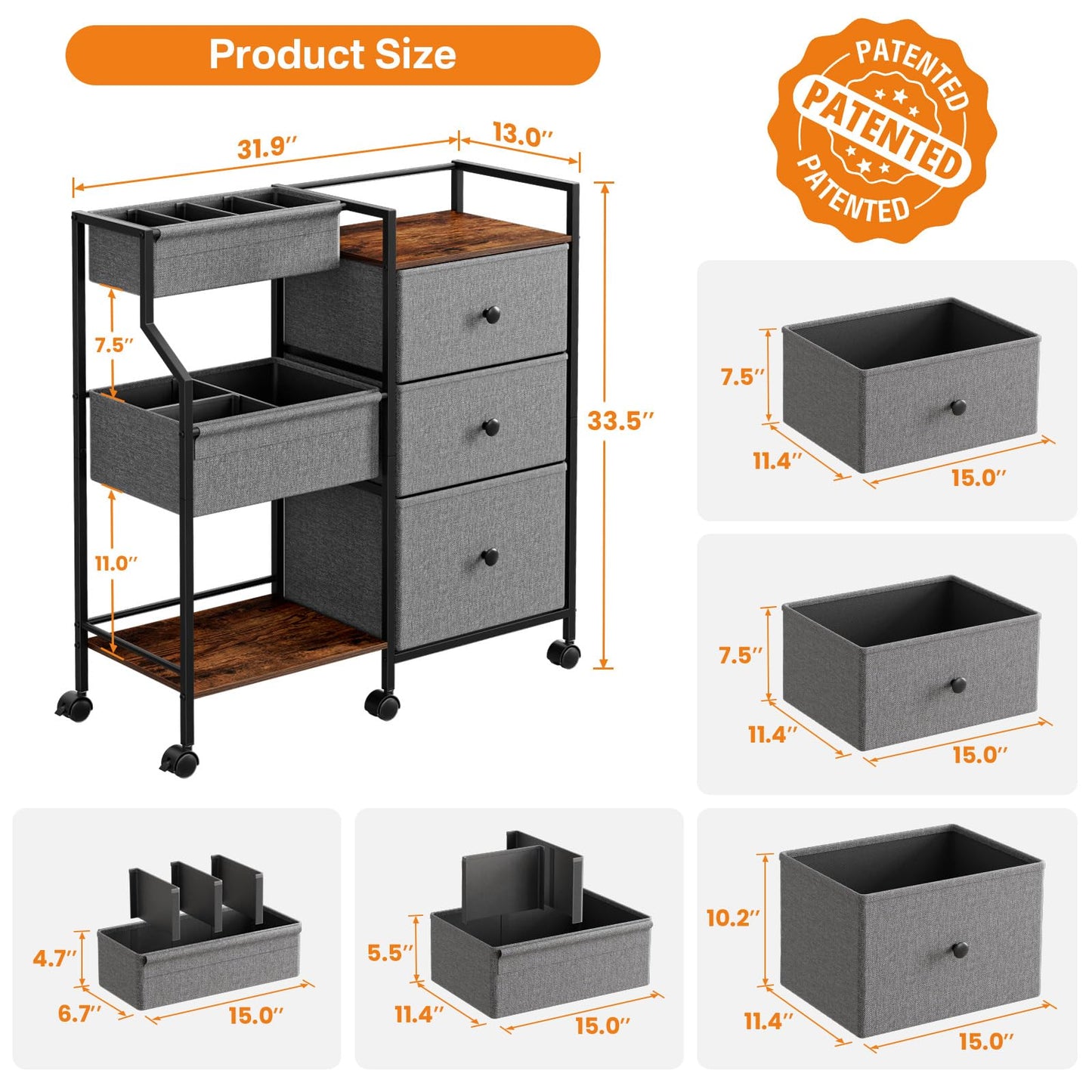 Baby Diaper Caddy Organizer and Storage - 3 Tier Rolling Cart with Dividers and Drawers, Easy To Assemble, Mobile Utility Cart with Wheels for Nursery, Bedroom, Changing Table & Crib