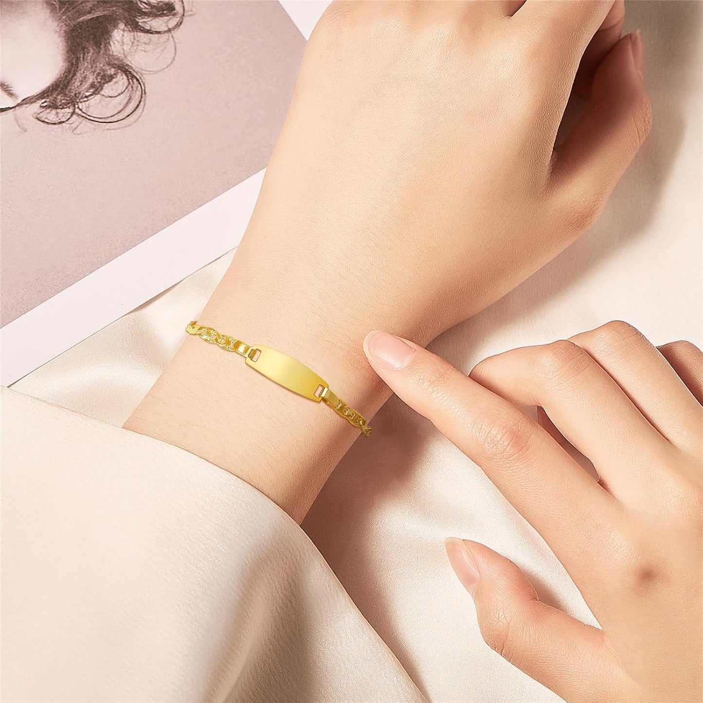 Personalized Child ID Bracelet-18K Gold Plated Tri-Color Chain Custom Name ID Plate Bar Bracelet for Children Toddler from Mom,Engraved Kid Name Customized Birthday,Back To School Gift for Daughter