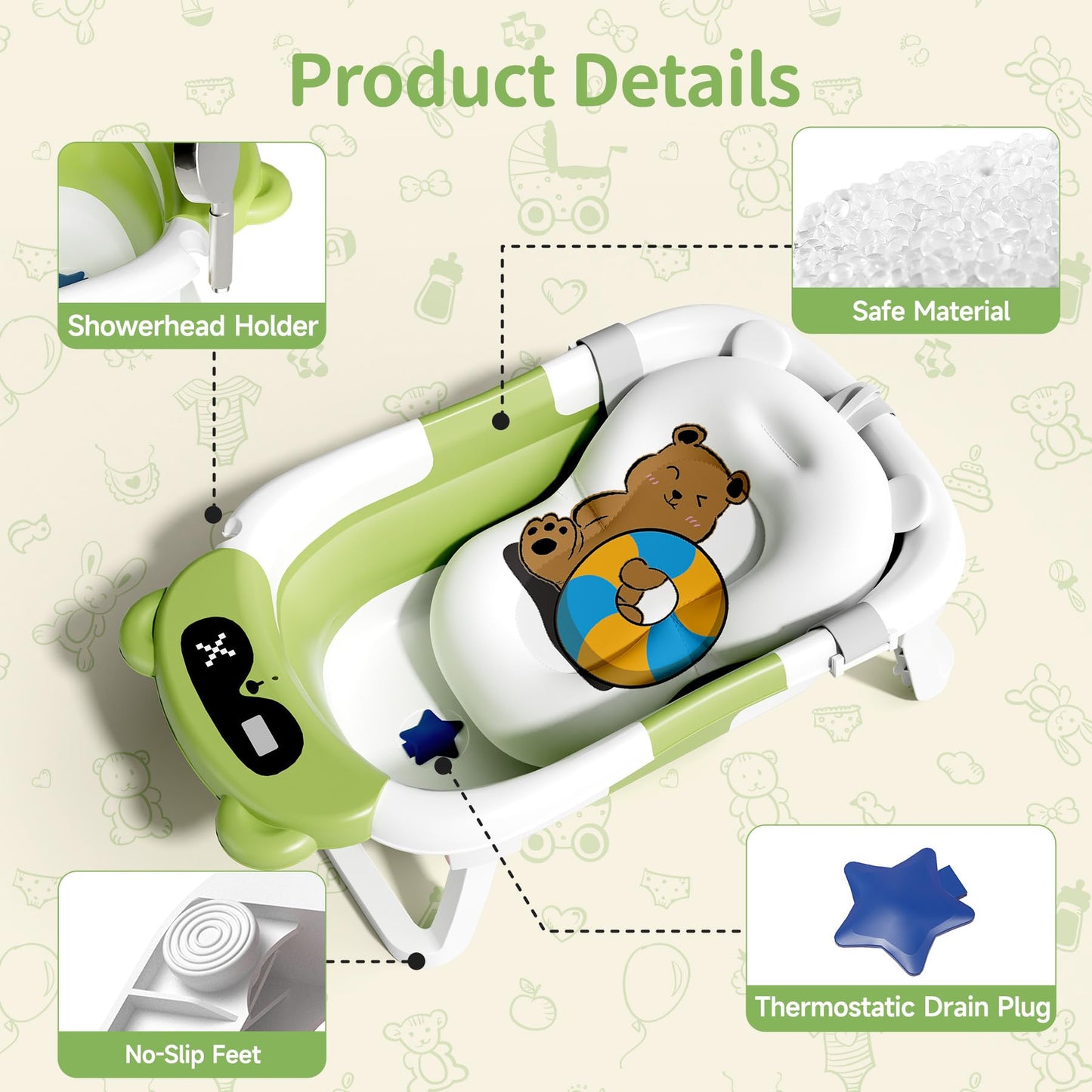 Collapsible Baby Bathtub for Newborn to Toddler (0-18 M) - Portable Baby Tub with Thermometer, Newborn Bathtub with Soft Towel and Floating Cushion (Brown)