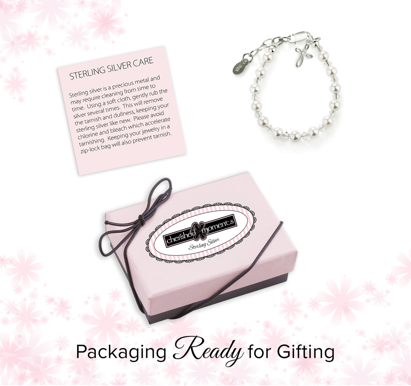 Cherished Moments Sterling Silver Bracelet for Girls with High-End Simulated Pearls and Crystals with a Dainty Infinity Cross Charm