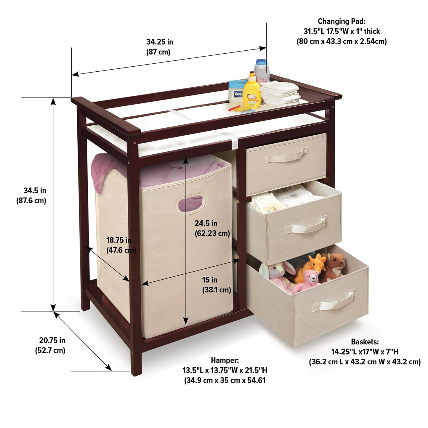 Badger Basket Modern Baby Changing Table - Portable Diaper Station with 3 Drawers Pad & Hamper - Storage Organizer for Baby Clothes, Diapers & Toys - Fresh White/White (34.25 x 20.75 x 34.5)