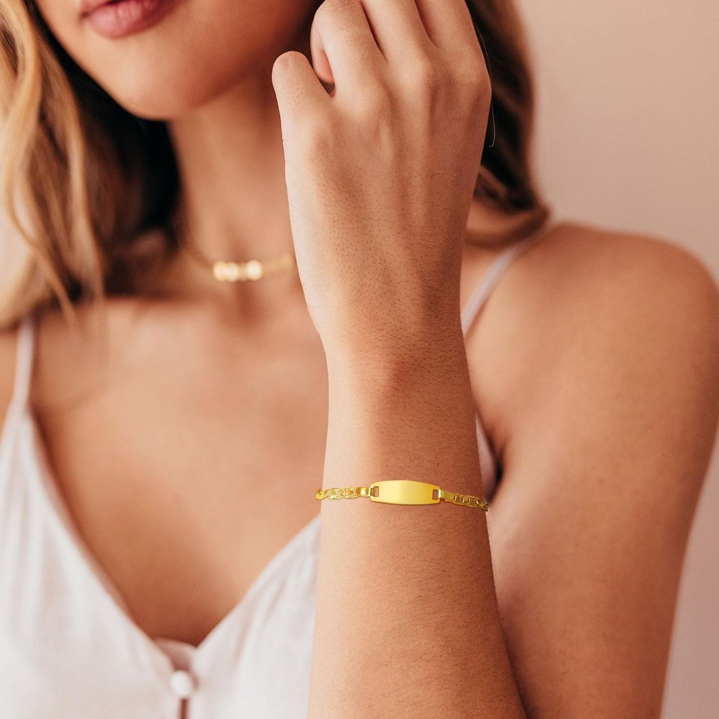 Personalized Child ID Bracelet-18K Gold Plated Tri-Color Chain Custom Name ID Plate Bar Bracelet for Children Toddler from Mom,Engraved Kid Name Customized Birthday,Back To School Gift for Daughter