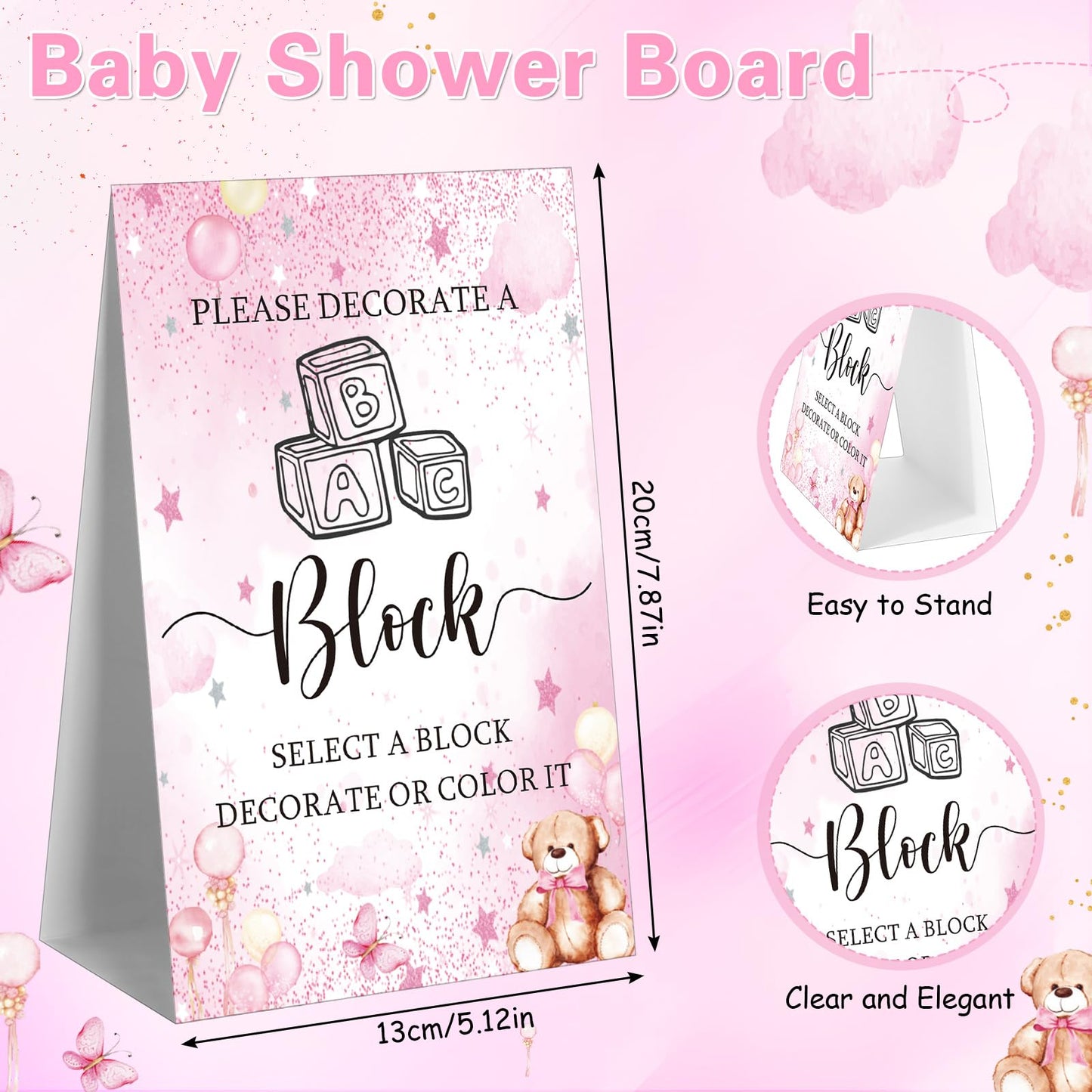 Marsui 136 Pcs Baby Shower Blocks to Decorate Game Kit Includes 98 Wooden Blocks, 36 Markers, 1 Game Sign, 1 Storage Box for Baby Shower Gender Reveal Activity Party Decorations(Pink Elephant)