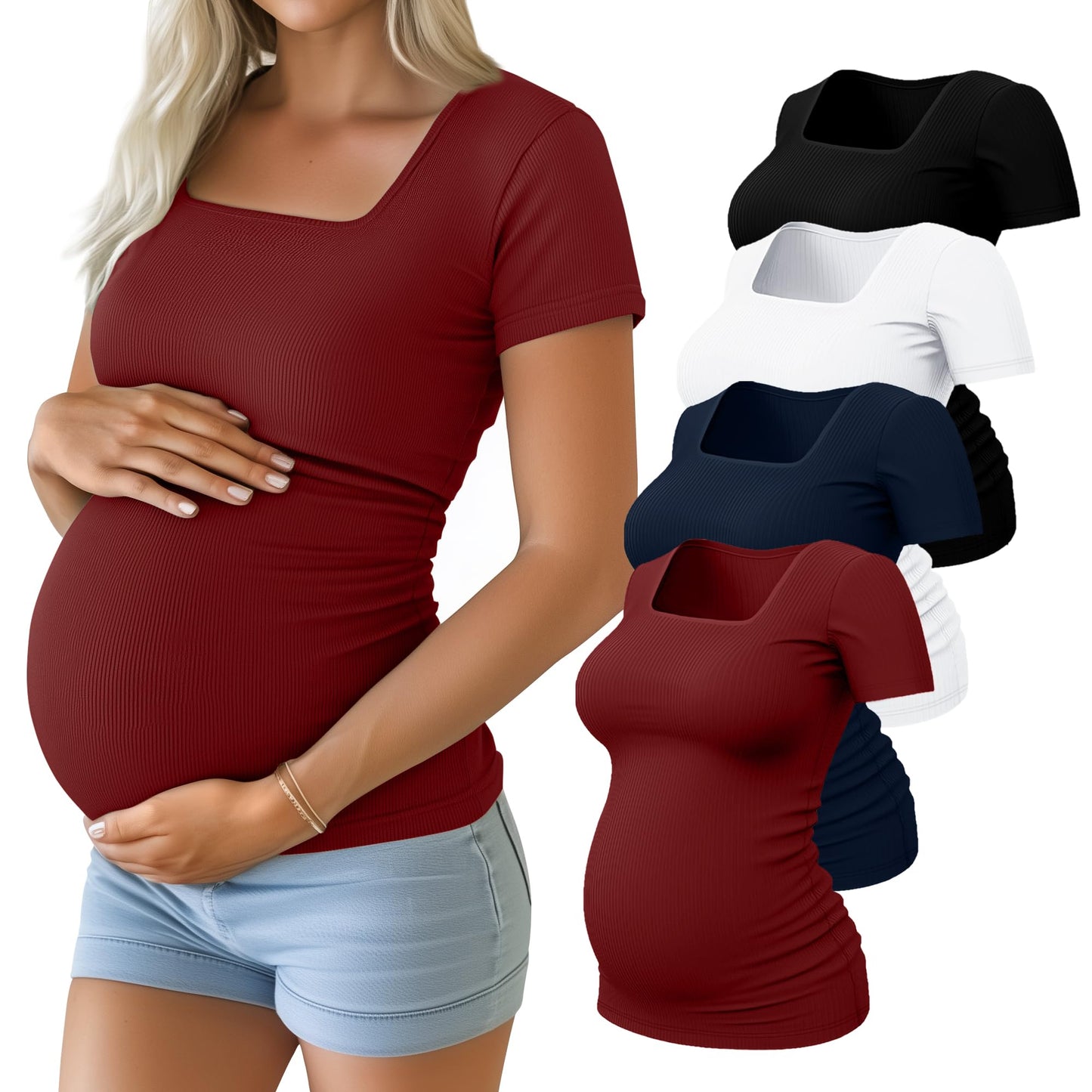 Huukeay 4 Pack Women's Maternity Shirts Cotton Ribbed Short Sleeve Square Neck Pregnancy Tops Side Ruched Summer Tee