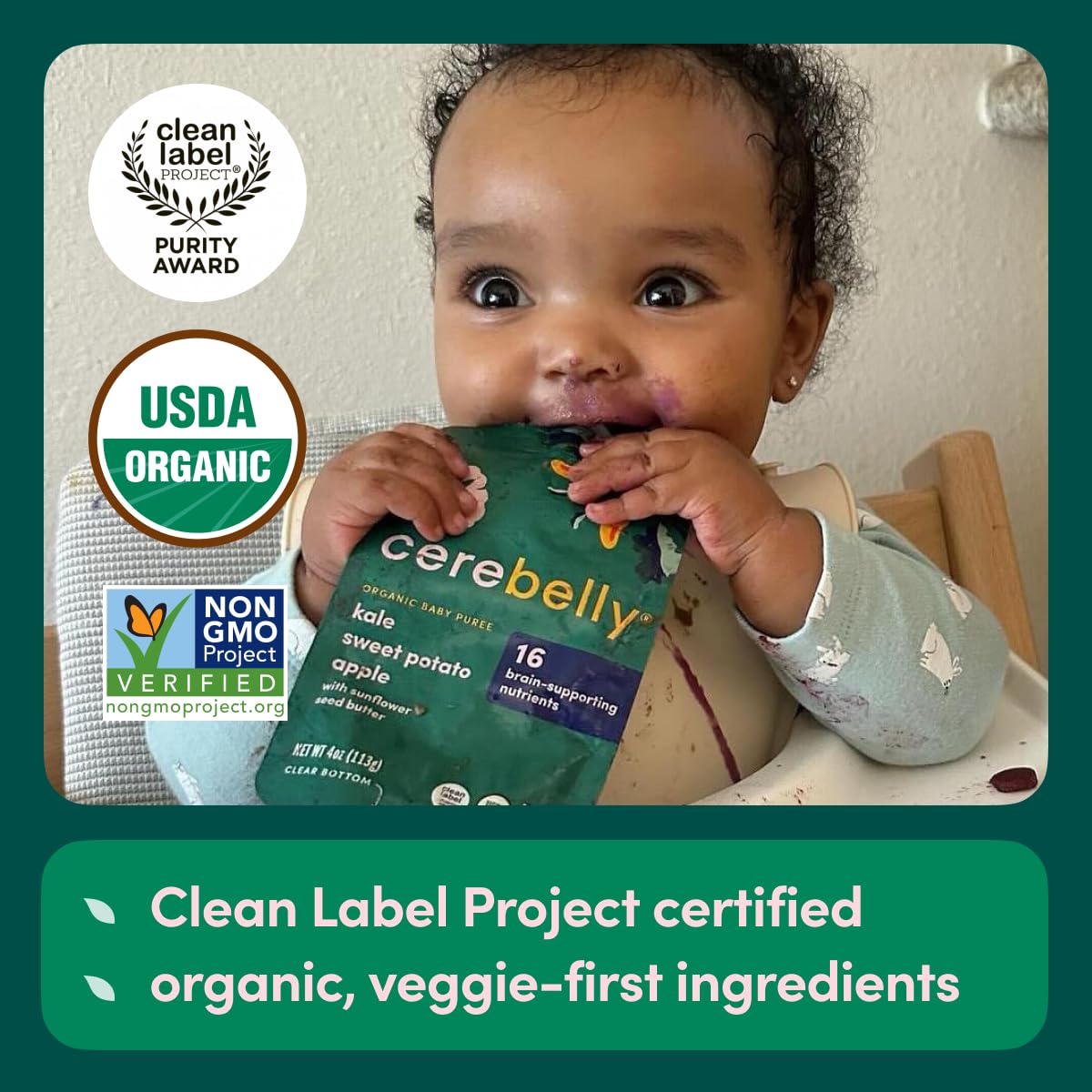 Cerebelly Organic Baby Food Pouches Variety Pack – Organic Veggie Purees for Toddlers | No Added Sugar, Fiber, Non-GMO | Blended Toddler Pouches | 4 Ounce BPA-Free Pouch | 4 Flavors | 8 Count