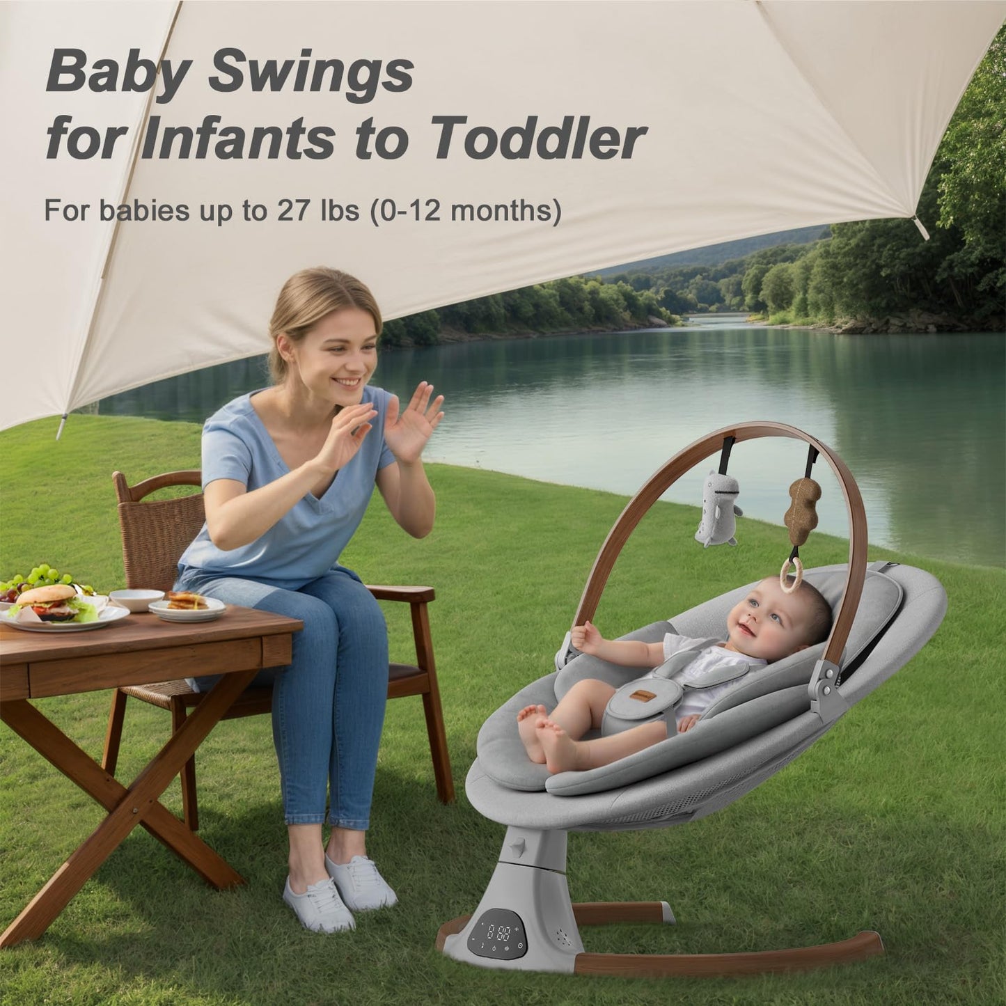 Baby Swings for Infants, Monamii Baby Swing, Bluetooth Infant Swing with Music Speaker, 5 Speeds and Remote Control, Indoor & Outdoor Use (Beige)