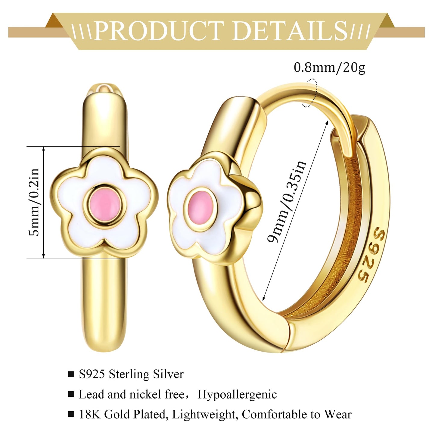MILACOLATO 925 Sterling Silver Small Hoop Earrings Toddler 18K Gold Plated Daisy Earrings Pink Yellow FLower Huggie Hoop Earrings for Women Hypoallergenic Earrings for Sensitive Ears