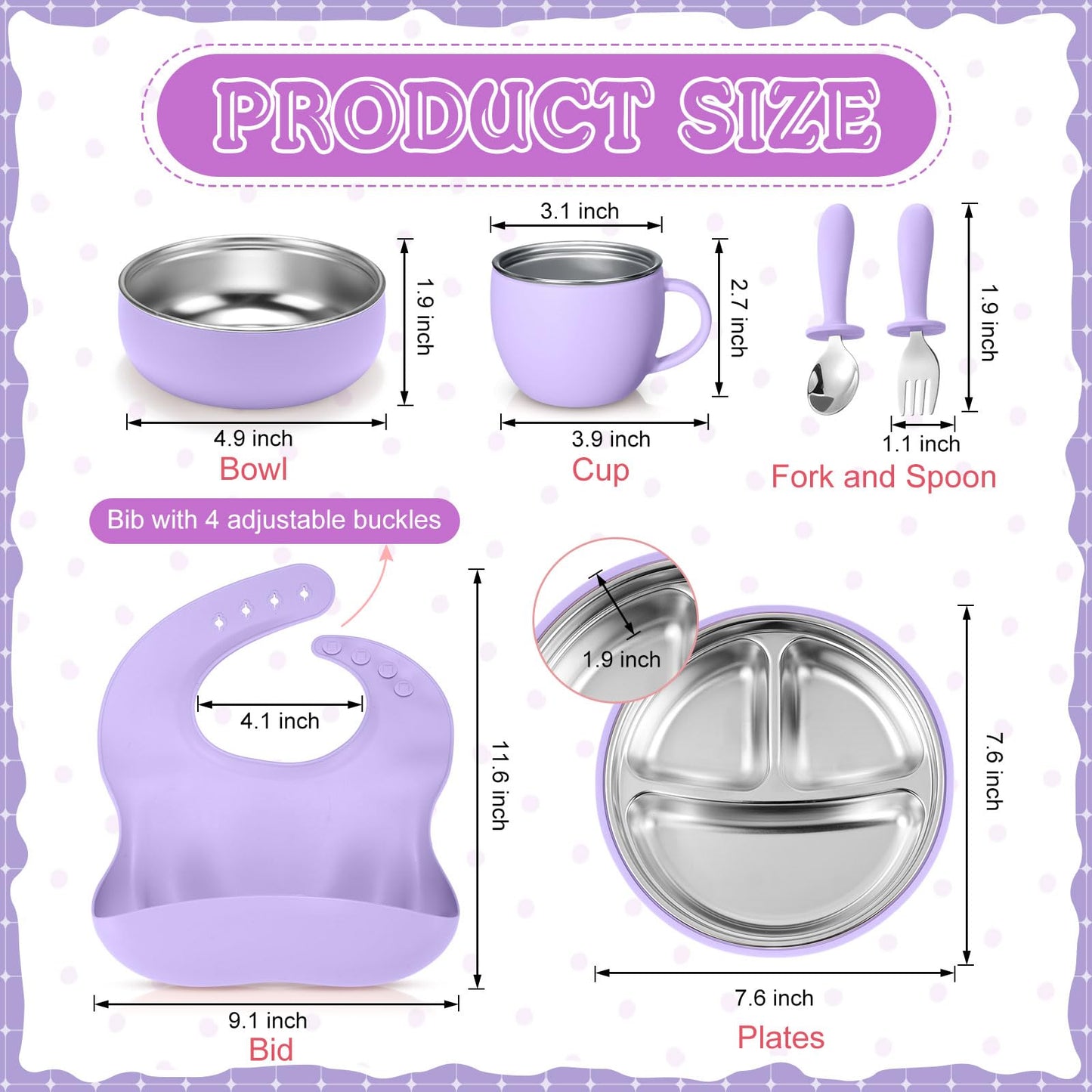 Nuogo 6 Pcs 304 Stainless Steel Kids Plates and Bowls Set Stainless Steel Suction Bowls and Toddler Cup with Removable Silicone, Forks Spoons Pocket Bib for Baby Toddle(Pink,Round)