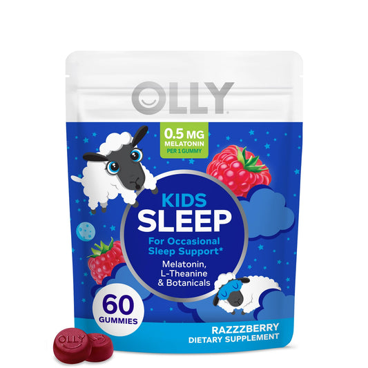 OLLY Kids Sleep Gummy, 0.5mg Melatonin, L Theanine, Chamomile, and Lemon Balm, Childrens Chewable Supplement, Raspberry - 50 Count