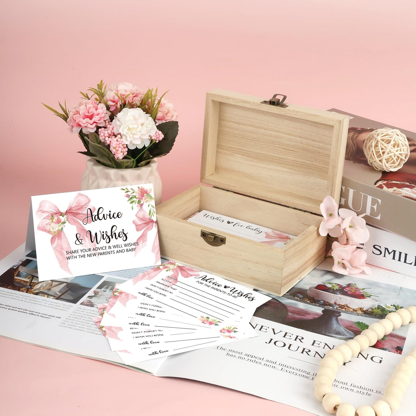 50 PCS Pink Bow Baby Shower Advice Cards For Parents To Be, Advice and Wishes Cards with Box for Baby Shower Games Advice for New Parents Baby Showers