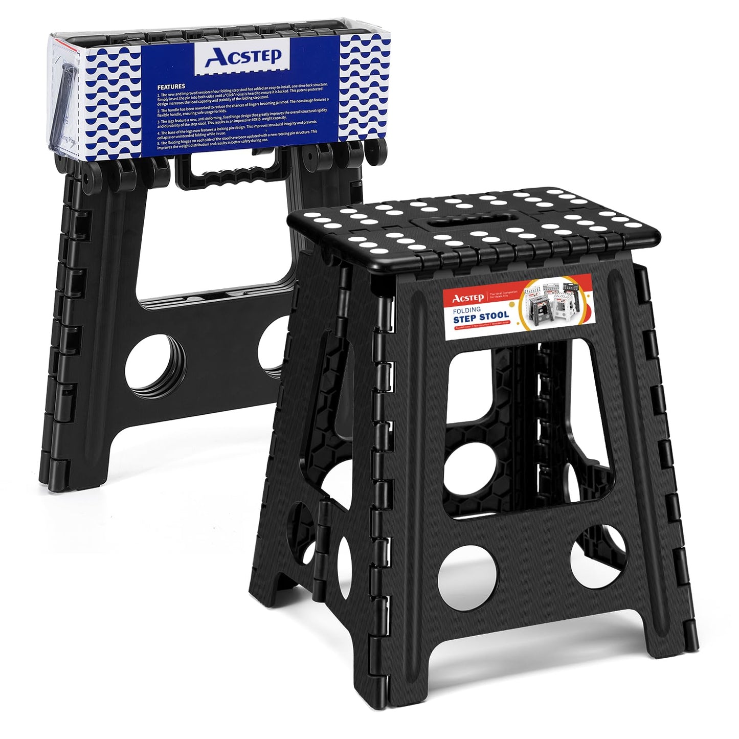 ACSTEP Folding Step Stool 9'' Tall Kids Step Stool Holds Up to 300 lb Plastic Foldable Step Stools for Kids Non-Slip Surface with Carry Handle Collapsible Stool for Home, Outdoor and Indoor(Black)