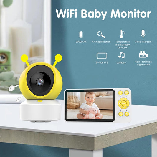 Baby Monitor Wifi Smartphone with App and Screen, 5" Video Baby Monitor with Camera and Audio, Long Range Night Vision, 2-Way Audio, Portable Cry Motion Detection for Home, Temper Humidity Sensor
