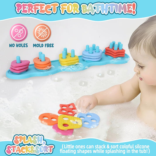 Baby Bath Toys, Mold Free Silcone Shape Sorting & Stacking Bath Toy Set with 20 Textured Floating Pieces, No Hole Design, Silicone Color & Shape Sorter for Toddler Early Learning Bathtub Fun