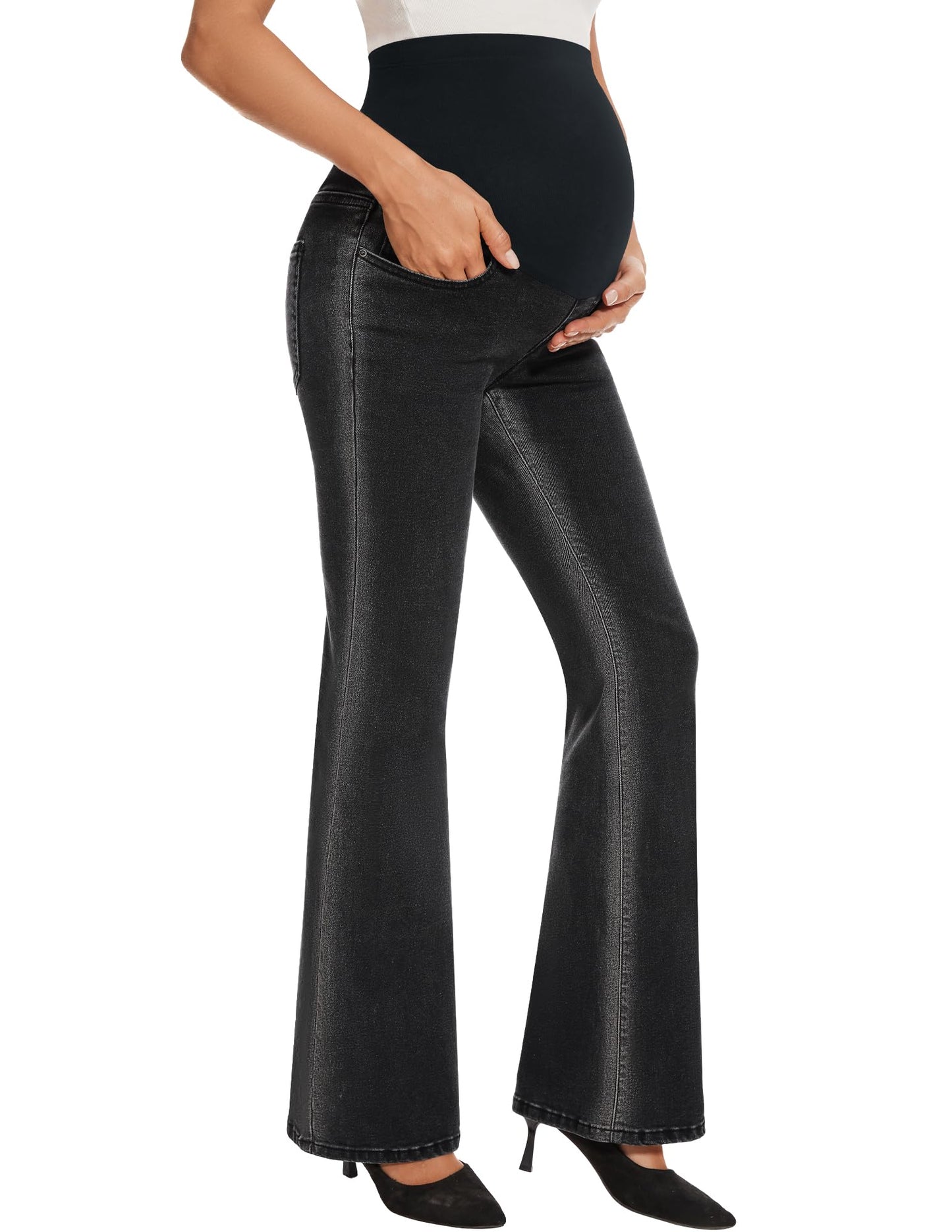 GLAMIX Women's Stretch Maternity Bootcut Jeans with Pockets Over The Belly Bell Bottoms Flare Denim Pants Pregnancy Clothes