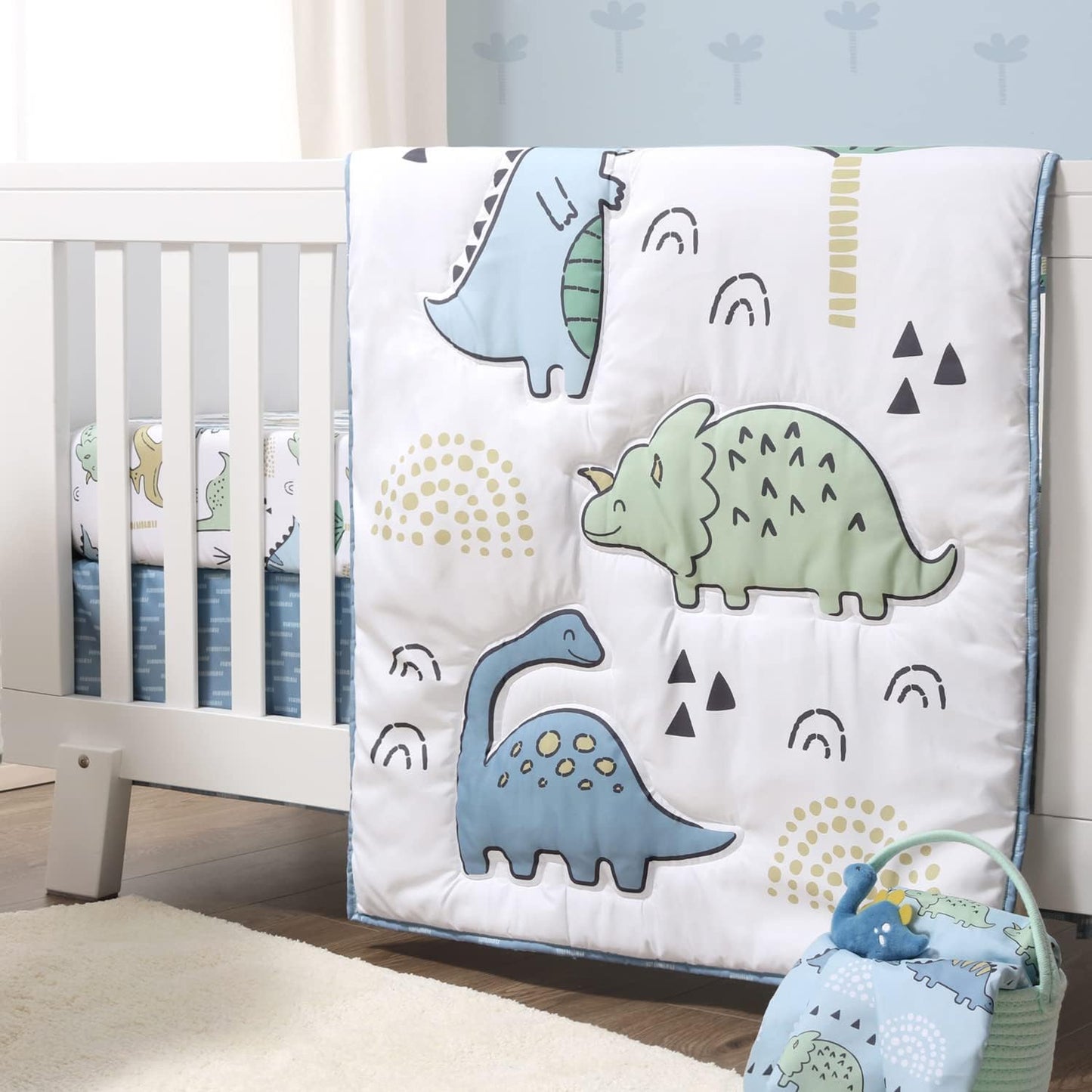 The Peanutshell 5 Piece Baby Crib Bedding Set for Boys - Newborn, Infant & Toddler Nursery Bed Set Decor with Fitted Crib Sheets, Blanket, Dust Ruffle Comforter - Blue Dino