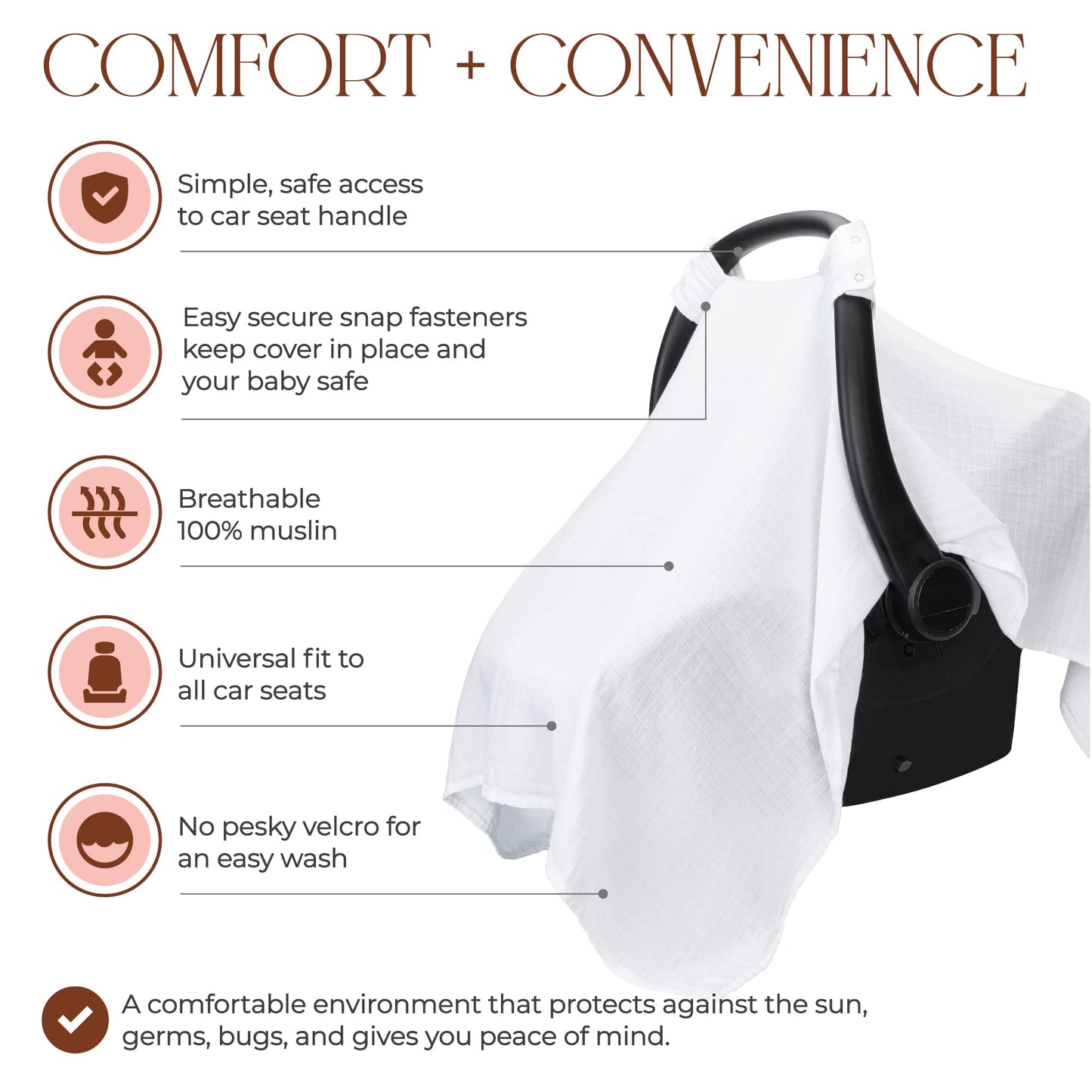 Comfy Cubs Baby Car Seat Cover - Soft, Breathable Bamboo Rayon and Muslin Cotton Blend - Lightweight Canopy for Sun, Bug, and Comfort Protection - Large Size Infant Seat Cover in Sage Design