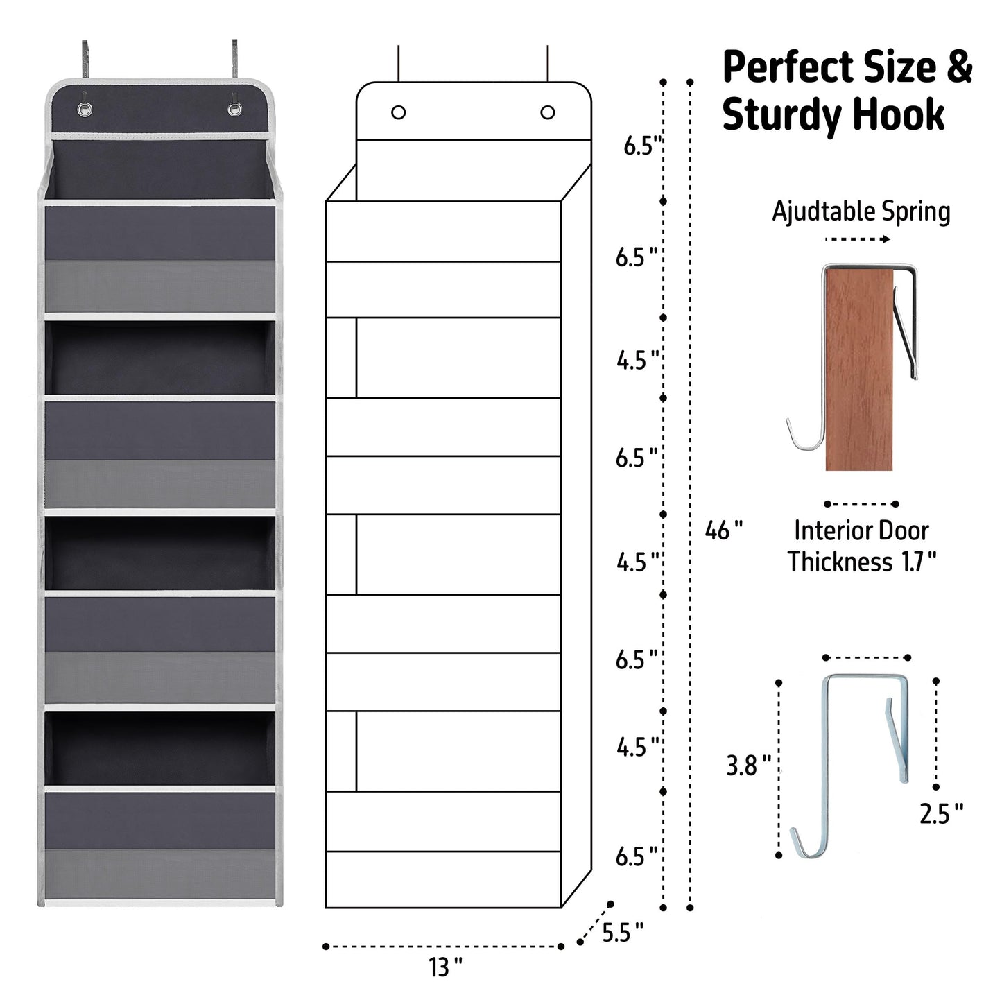 Over Door Organizer with 4 Large Capacity Pockets, Hanging Organizer Storage for Closet Bathroom Nursery Bedroom Dorm, Toys Cosmetics Sundries and Baby Essentials, Gray