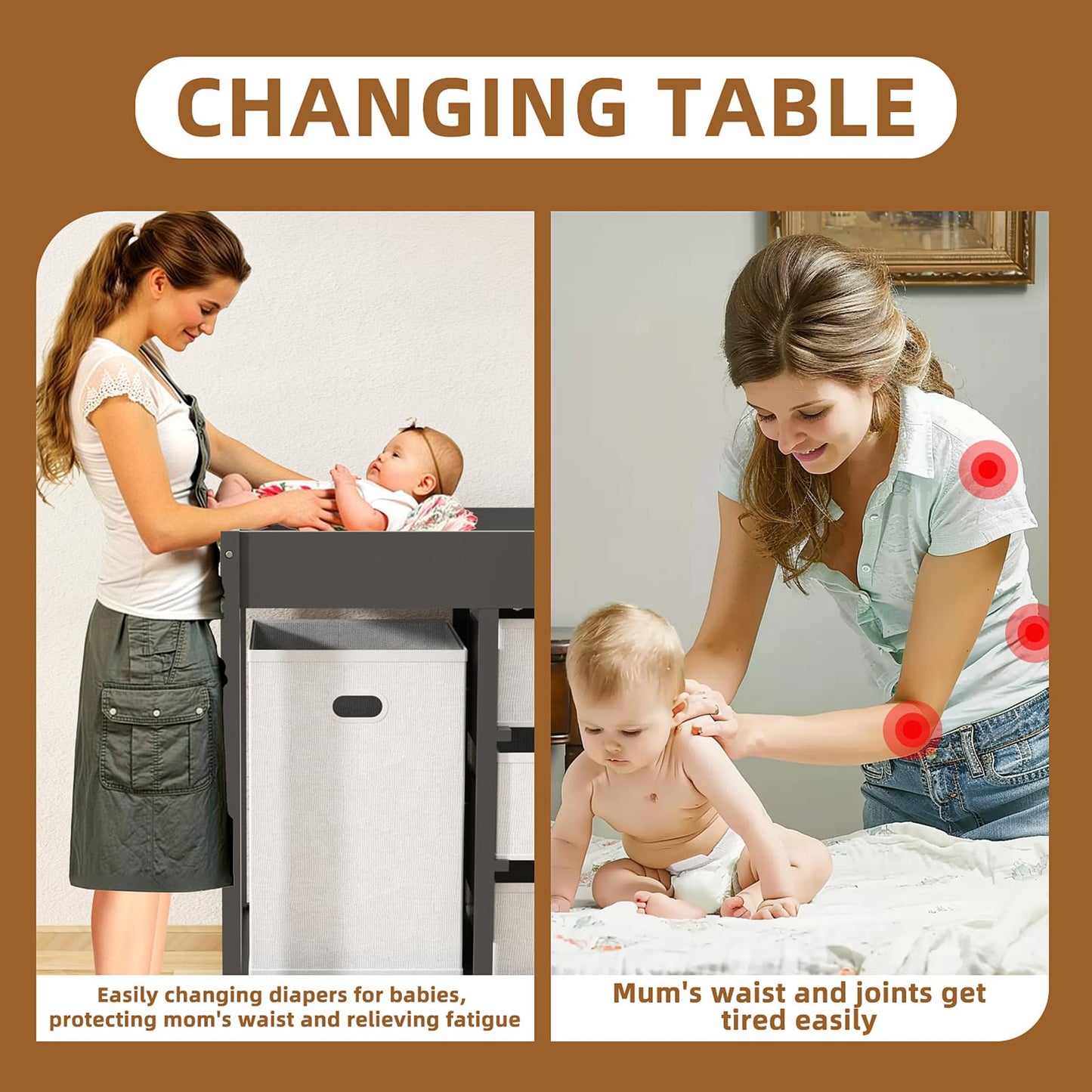 KORIMEFA Baby Changing Table, Baby Diaper Changing Station Dresser with Laundry Hamper, 3 Drawer Basket and Changing Pad, Grey
