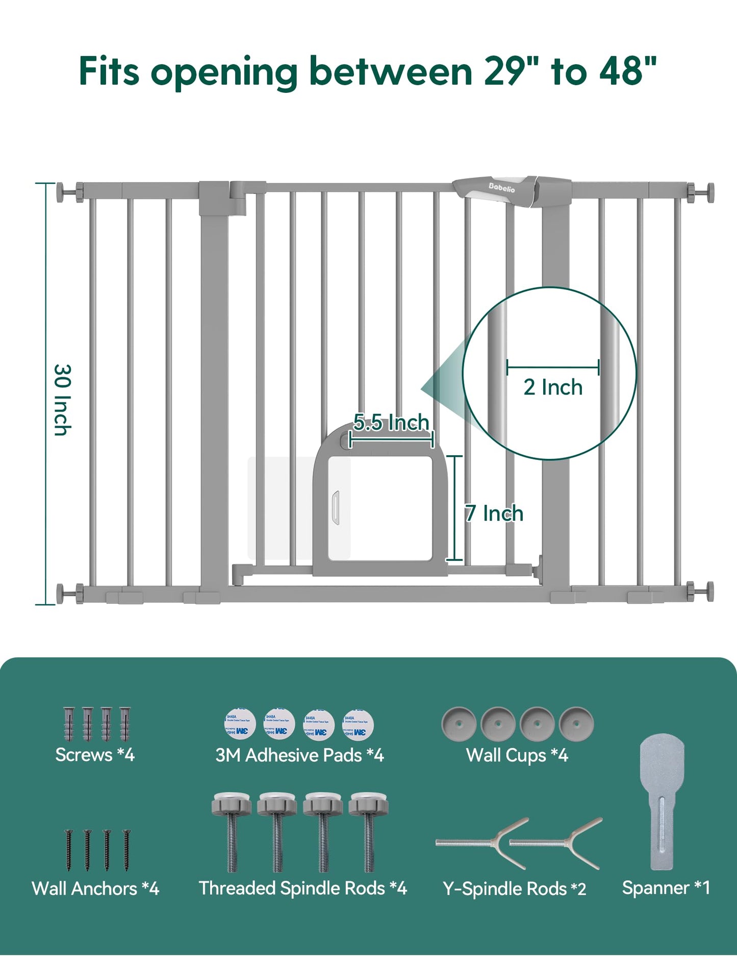 Babelio Upgraded Baby Gate with Cat Door, 29-43" Auto Close Durable Dog Gate for Stairs, Doorways and House, Easy Walk Thru Safety Gate with Pet Door Includes 4 Wall Cups, Black