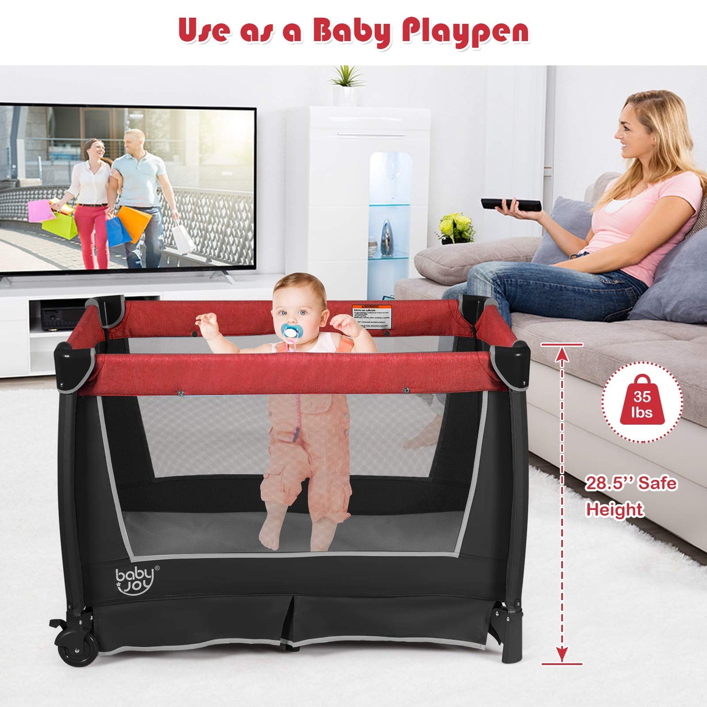 BABY JOY 5 in 1 Pack and Play, Portable Baby Playard w/Bassinet & Diaper Changing Table, Infant Pink Bassinet Crib with Toys & Music & Oxford Bag for Baby Girl Toddlers (Pink + Purple, Starry Sky)