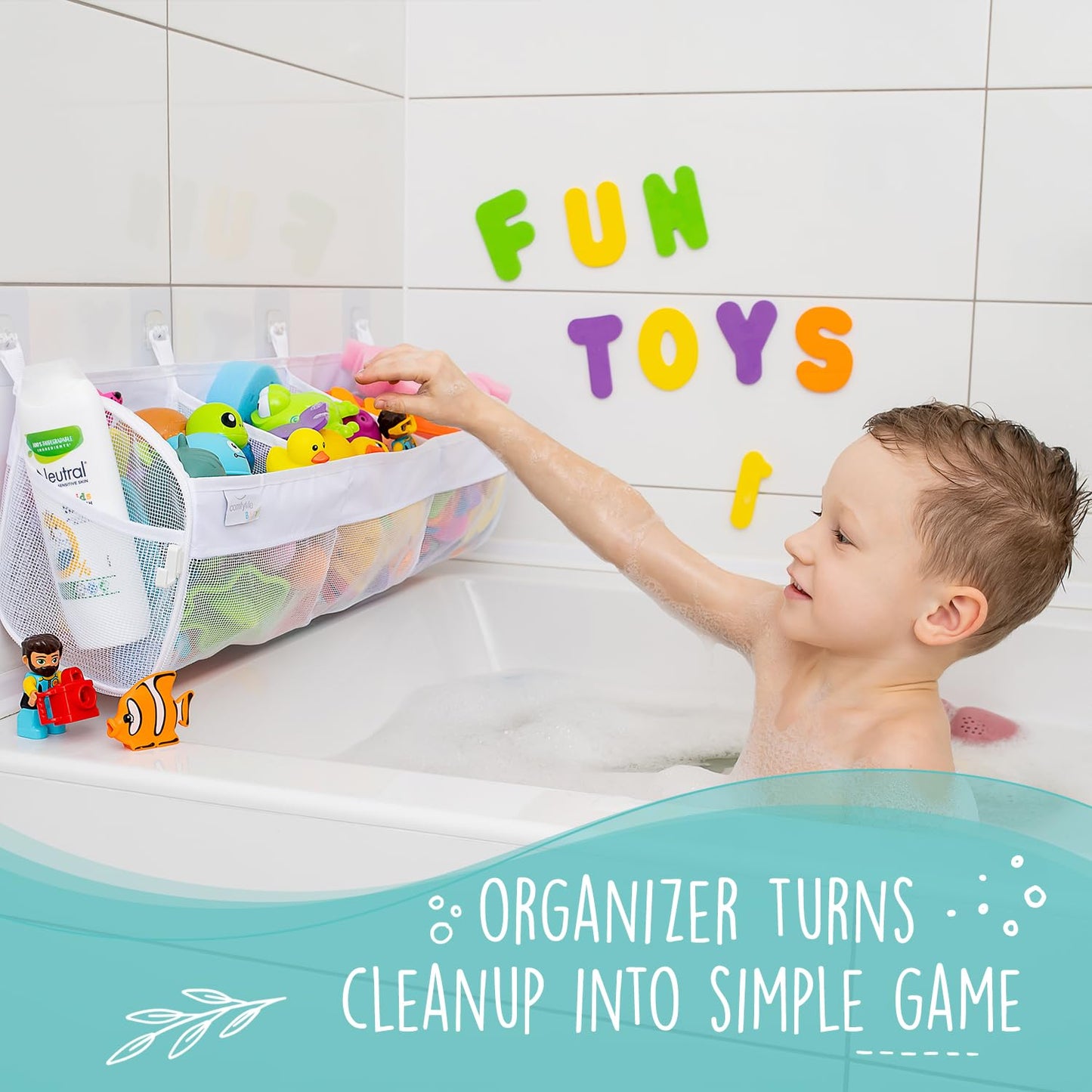2 x Mesh Bath Toy Organizer + 8 Ultra Strong Hooks – The Perfect Bathtub Toy Holder & Bathroom or Shower Caddy – These Multi-use Net Bags Make Baby Bath Toy Storage Easy – For Kids & Toddlers