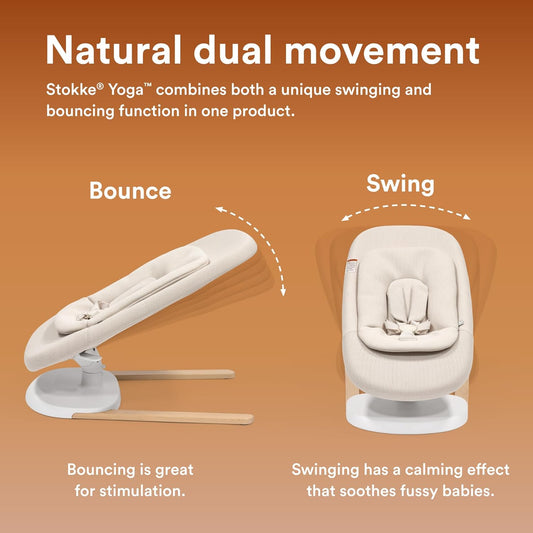 Stokke Yoga Baby Bouncer & Swing, Light Sand - Dual Movement to Soothe & Stimulate Babies Up to 20 lbs - Includes Newborn Cushion for Head Support - Three Adjustable Positions