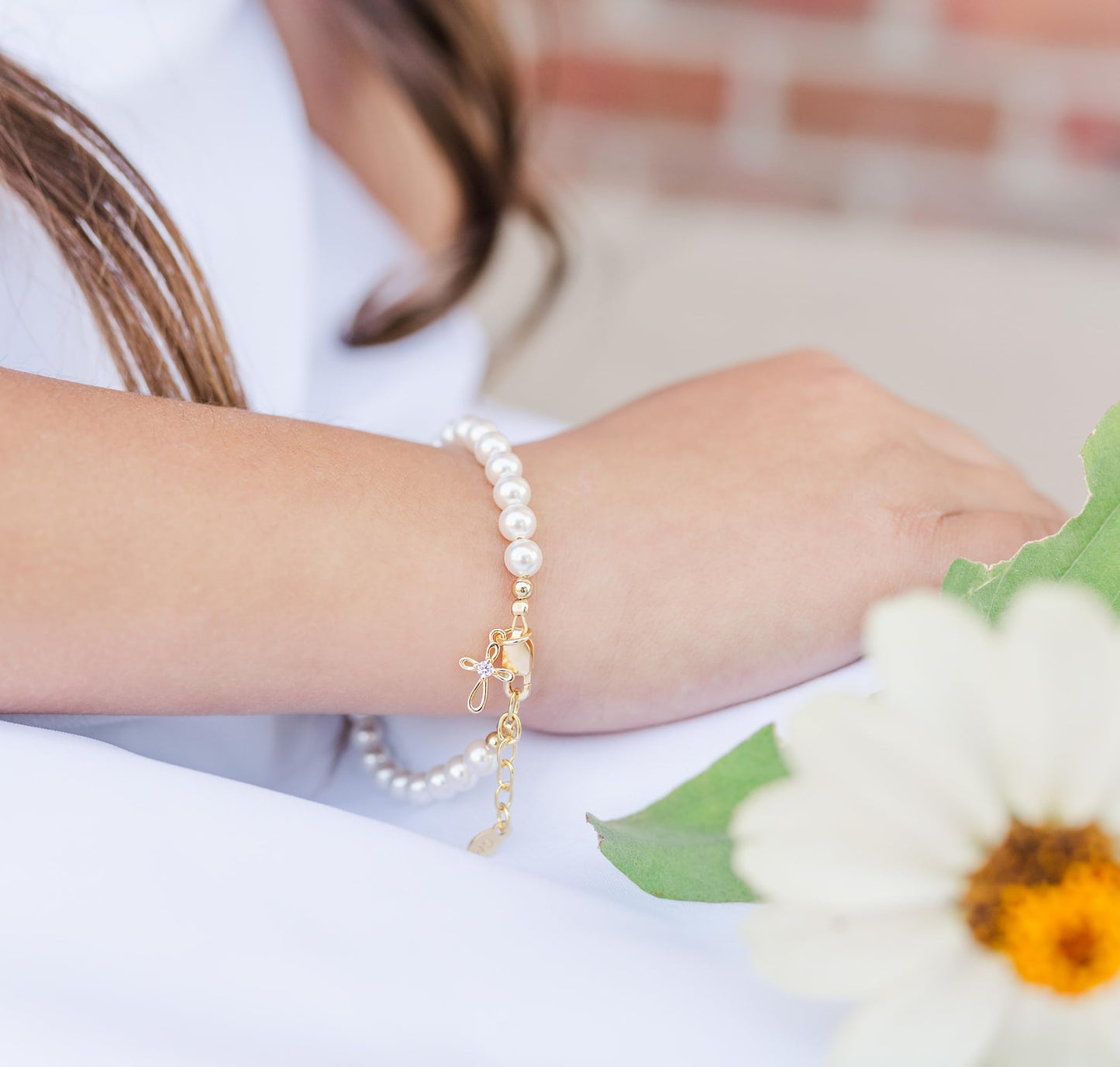 Children's 14K Gold Plated or Sterling Silver Cross Bracelet with Simulated Pearls for Girls First Communion, Baptism, Christening or Dedication Gift