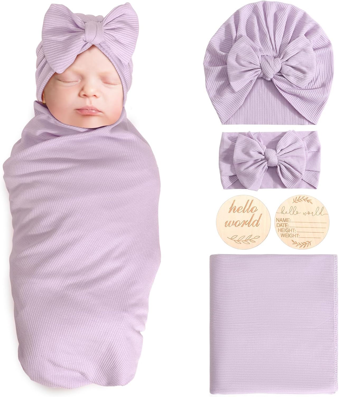 Newborn Receiving Blanket with Bow Hat Mittens Wooden Card Set Wheat-Pattern Newborns Toddler Baby Boy Girl Nursery Swaddle Wrap