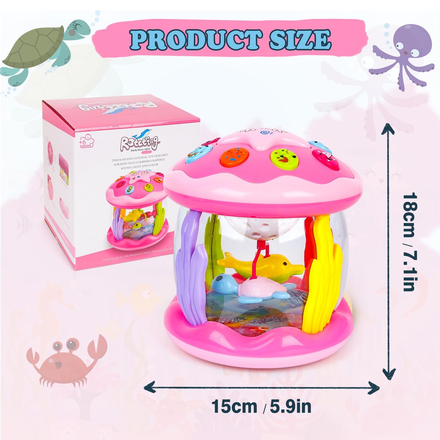 M SANMERSEN Baby Girl Toys 6-12 Months - Babies Ocean Rotating Projector Light Up Musical Toys for 12-18 Months Crawling Learning Tummy Time 1 2 Years Old Infant Boys Girls Gifts - Pink