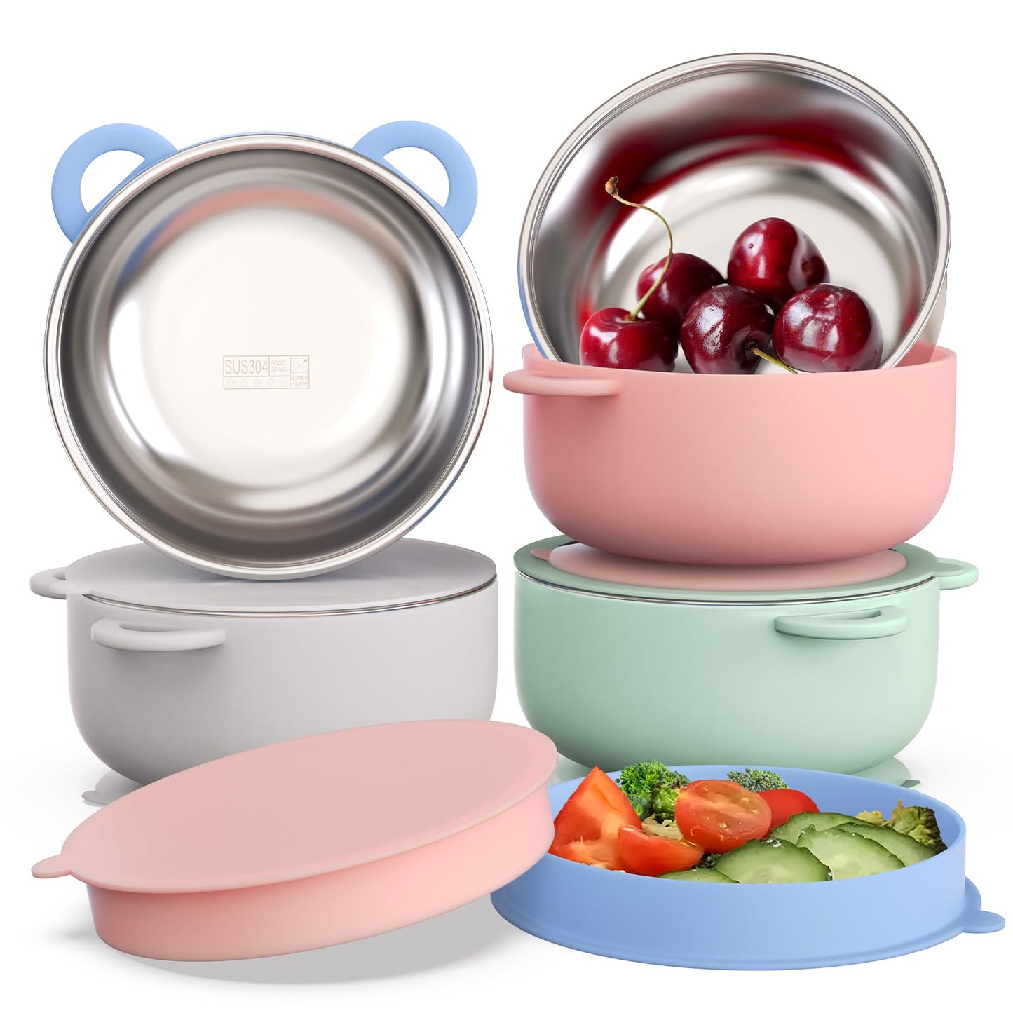 Baby Suction Bowls with Lids 4-Pack, 2-in-1 Stainless Steel 304 Toddler Bowl & Removable Silicone Suction Kids Bowl Plate Set Non Toxic Snack Dishes for Self-Feeding, Sunrise Meadow