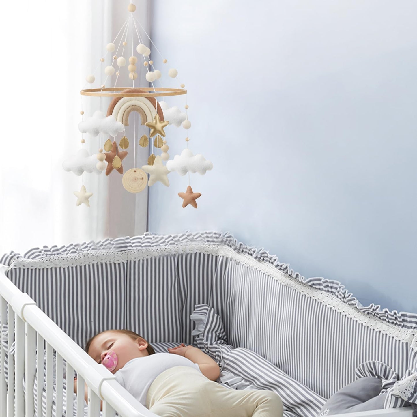Rainbow Mobile for Crib - A Gender Neutral Boho Mobile for Crib with Gold Stars and Clouds