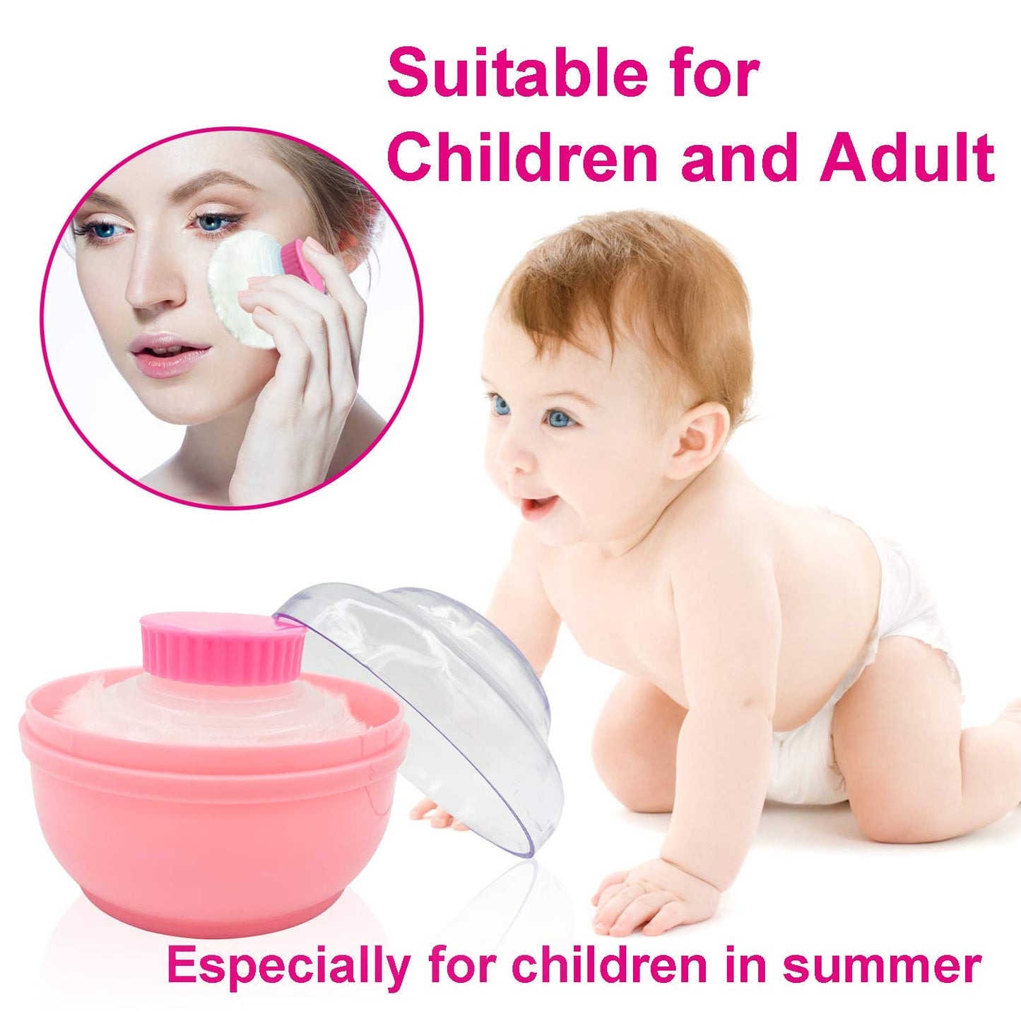 BPA Free Baby Powder Puff Box, Large 2.8" Fluffy Body After-Bath Powder Case, Baby Care Face/Body Villus Powder Puff Container, Makeup Cosmetic Talcum Powder Container with Hand Holder (Pink)
