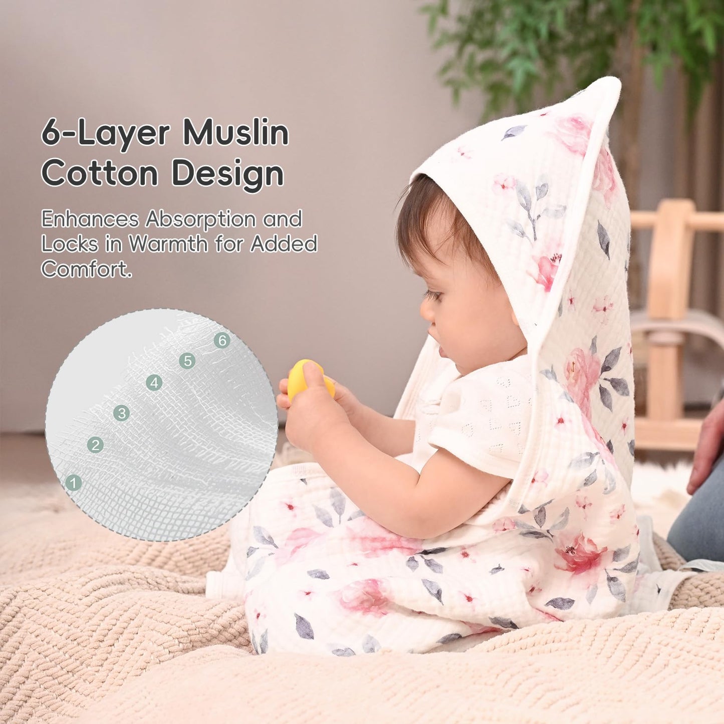 PHF 2 Pack Baby Hooded Towels, 100% Muslin Cotton Baby Bath Towel with Hood for Newborn, Infant, Toddler, Ultra Soft and Absorbent Baby Essentials Bath Towels for Girls, 32x32Inch, Floral