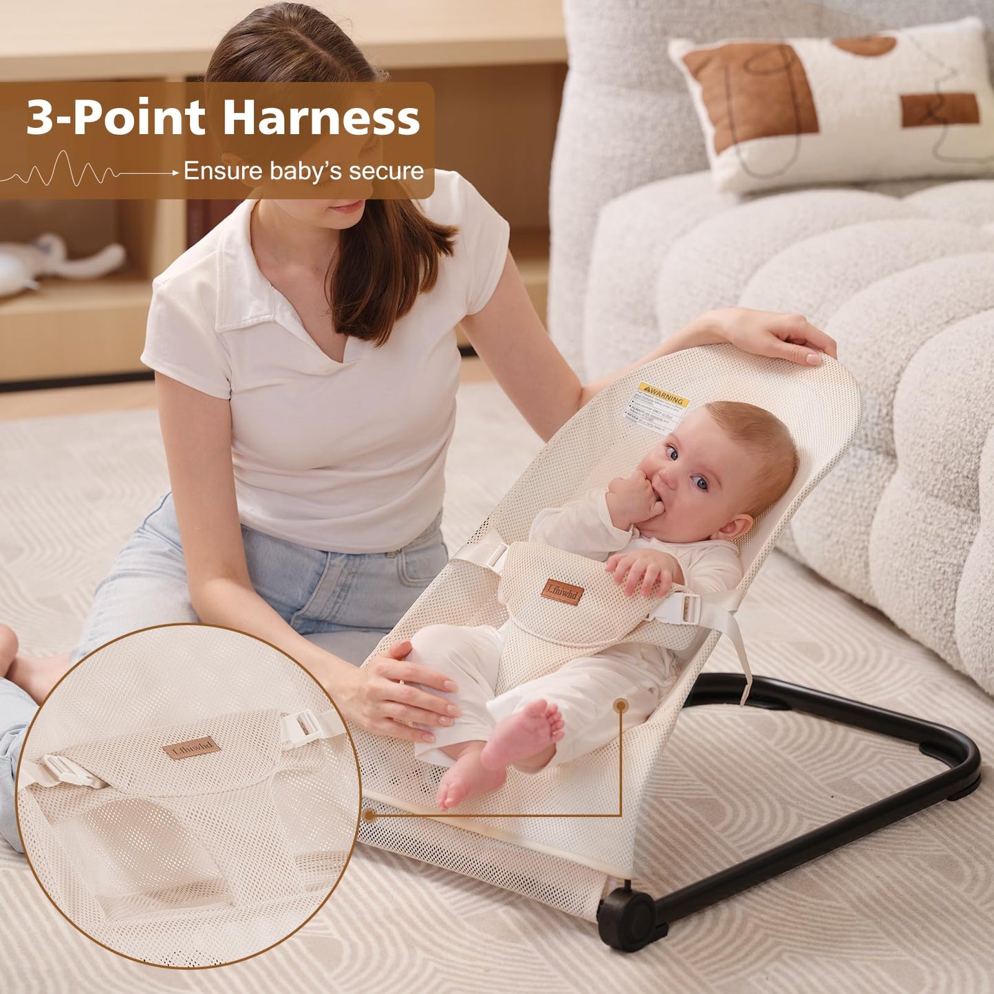 Baby Bouncer,Baby Bouncer Seat,Portable Infant Bouncer with 3-Point Safety Harness,Ergonomic Bouncy Seat, Newborns Bouncer for Babies 0-6 Months up to 20lbs,ASTM-Certified(Pink)