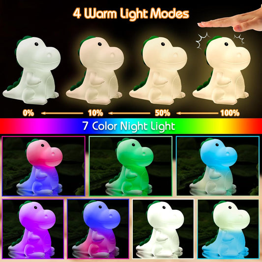Dinosaur Night Light for Kids - 7 Color Cute Lamp, Silicone Rechargeable Nightlight With Safety Touch for Baby, Bedroom Decor