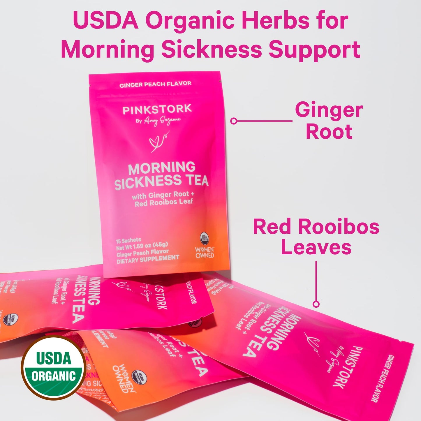 Pink Stork Organic Morning Sickness Pregnancy Tea - Hot or Iced Tea - Prenatal Heartburn, Indigestion, and Constipation Support - 1st Trimester Pregnancy Must Haves - Ginger Peach, 15 Sachets