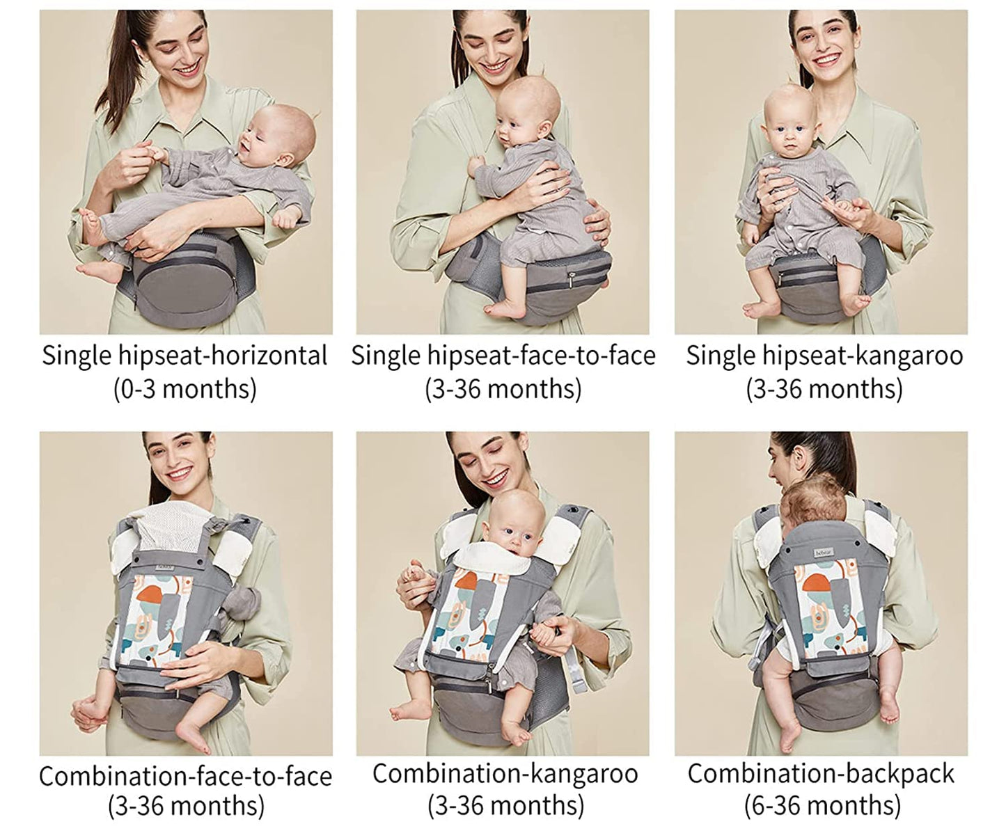 Bebamour Baby Carrier Newborn to Toddler-2 in 1 Hip Seat & Carrier Front and Back Carry with Head Hood & 3 Pieces Teething Pads& Waist Extenders & Storage Bag 0-36 Months (Green)