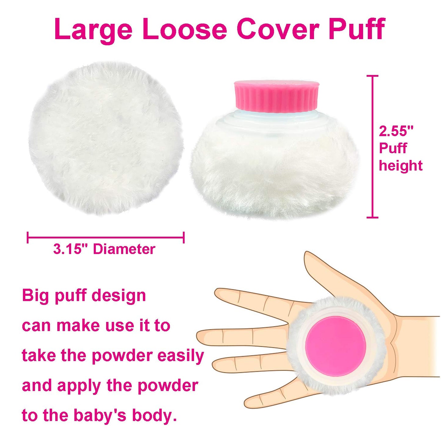 BPA Free Baby Powder Puff Box, Large 2.8" Fluffy Body After-Bath Powder Case, Baby Care Face/Body Villus Powder Puff Container, Makeup Cosmetic Talcum Powder Container with Hand Holder (Pink)