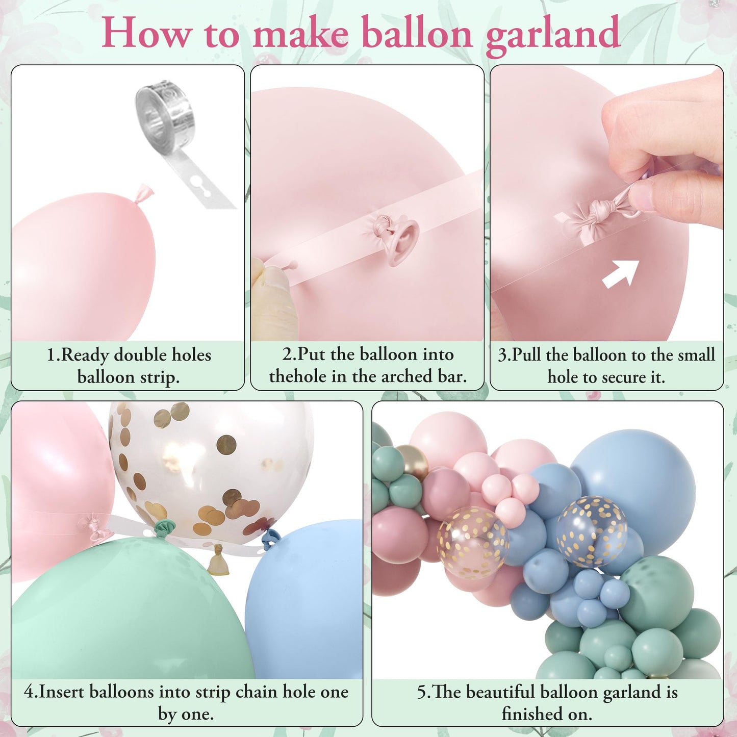 Amandir 173Pcs Pink Blue Green Balloon Arch Garland Kit, Dusty Baby Pink Mauve Pastel Mist Haze Green Blue Gold Confetti Balloons for Baby Shower Gender Reveal Wildflower Birthday Party Decorations