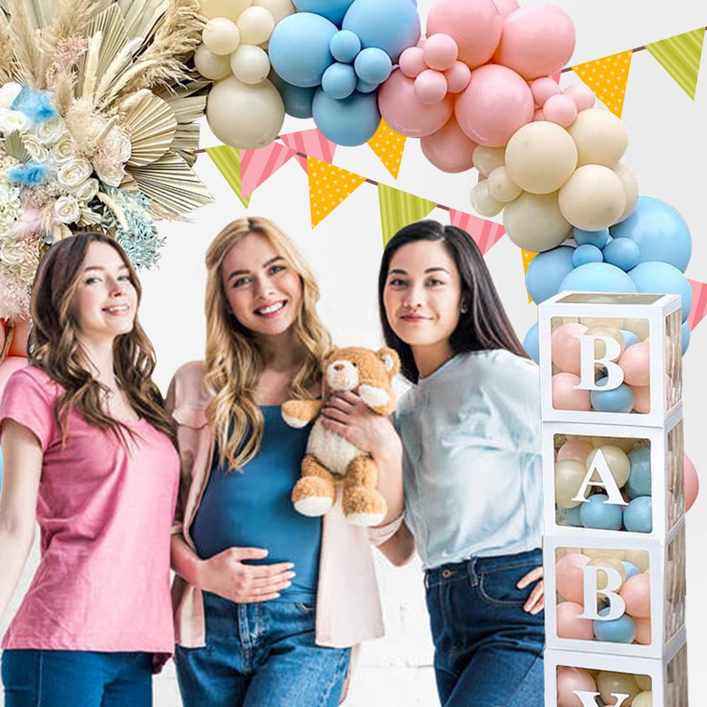 Baby in Bloom Baby Shower Decorations - 116pcs Pink and Sage Green Balloon Arch Kit, BABY in Bloom Backdrop and Baby Boxes with Letters for Pink Floral Baby Shower Decorations for Girl