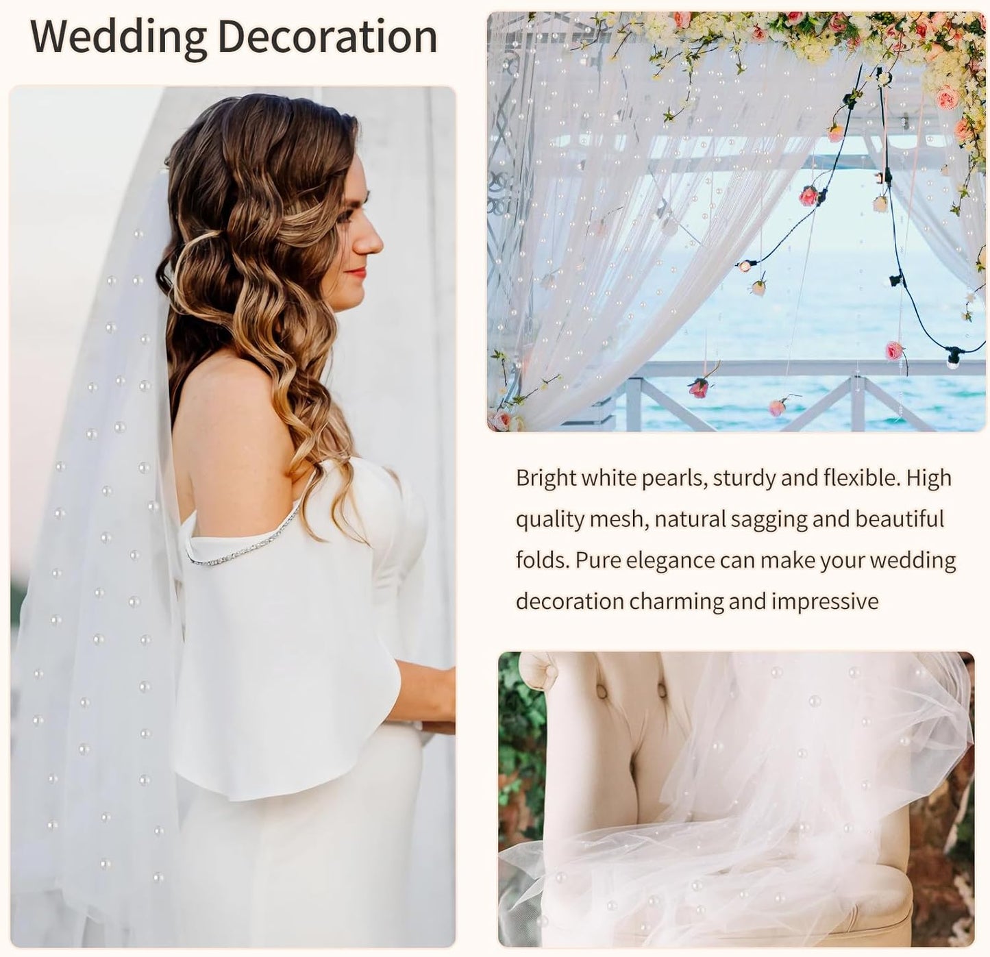 Sophproton 6 Pieces Pearl Tulle Tablecloth White Table Cloth Pearl Sheer Tulle Table Cover Wedding Veil for Wedding Arch Dessert Table Decorations