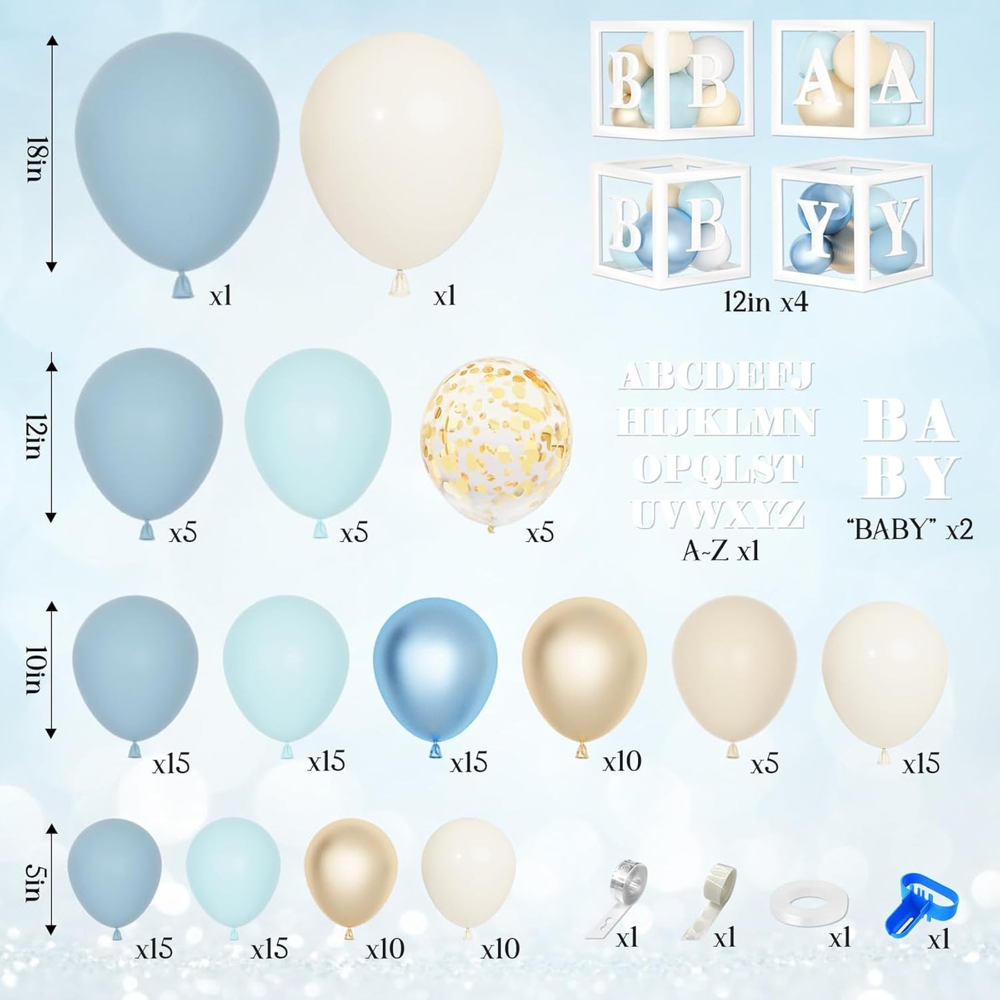 153pcs Dusty Blue Balloon Baby Shower Decorations for Boy, Blue Balloon Arch Kit Baby Boxes with Letter (A-Z+Baby) for Boho Baby Shower Boy Birthday Gender Reveal Party Supplies